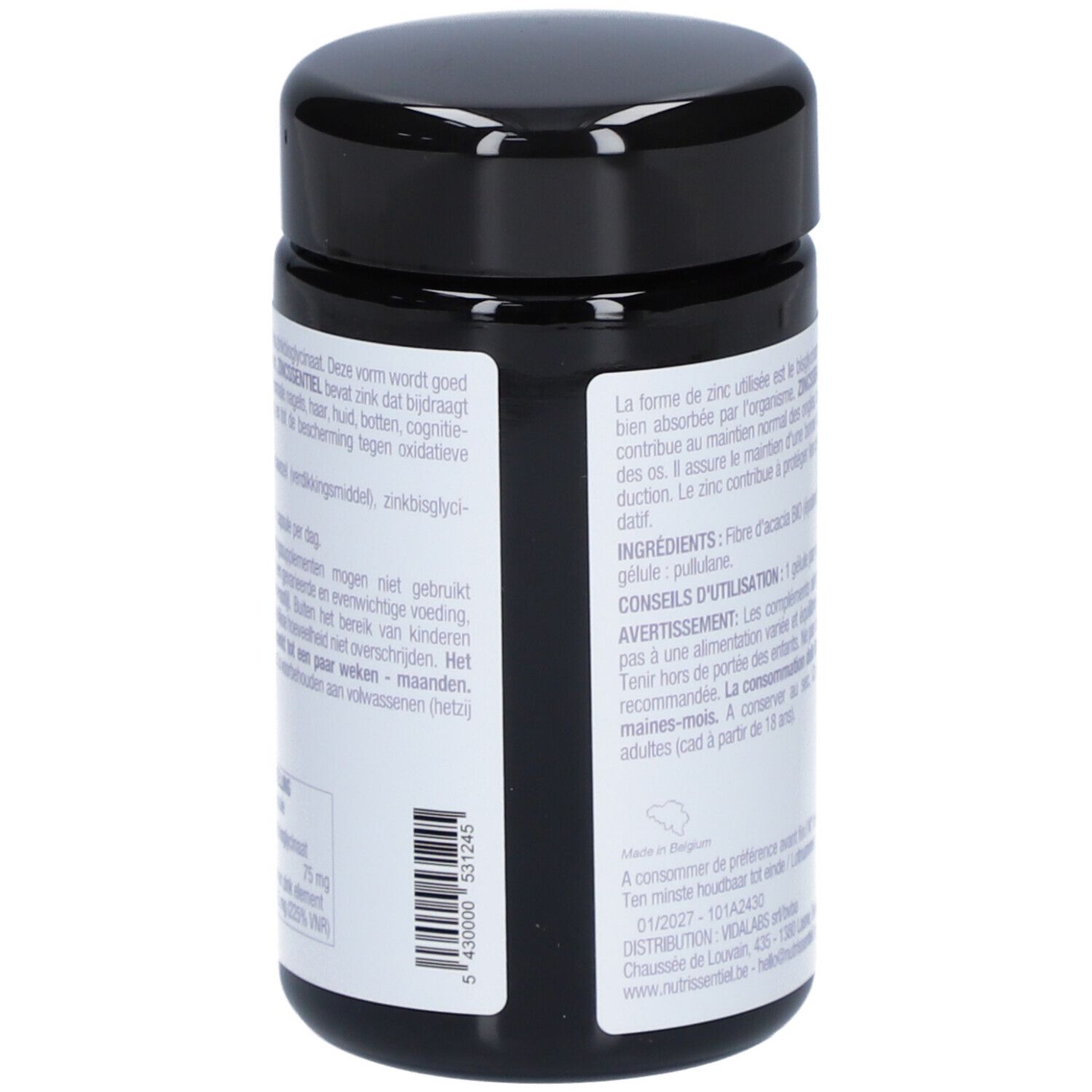 Cilindrische pot met zwarte deksel. Opschrift: ZINCSSENTIEL, Bisglycinate de Zinc, Nutrissentiel. Tekst en barcode op de achterkant.