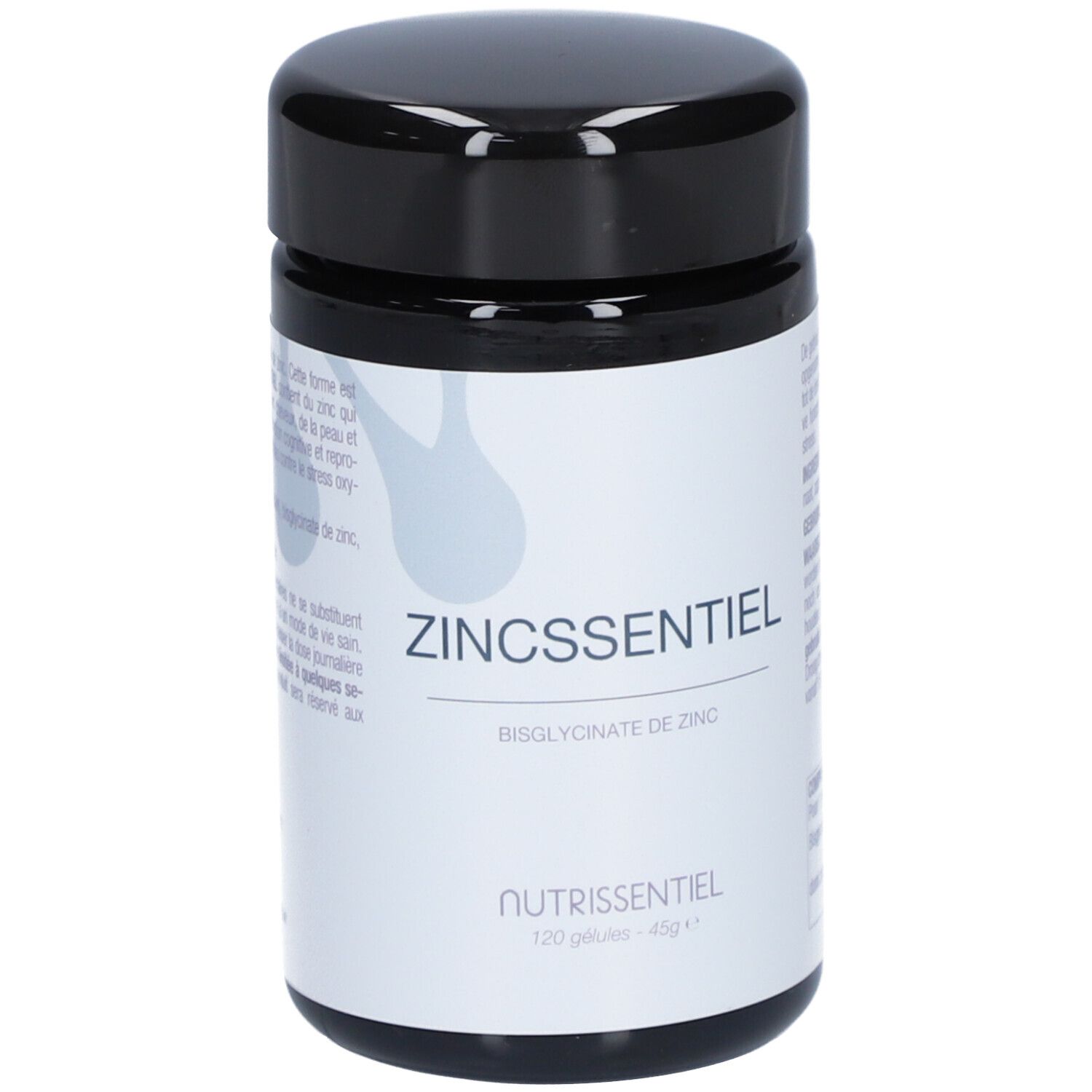 Cilindrische pot met zwarte deksel. Opschrift: ZINCSSENTIEL, Bisglycinate de Zinc, Nutrissentiel. 120 capsules, 45g.