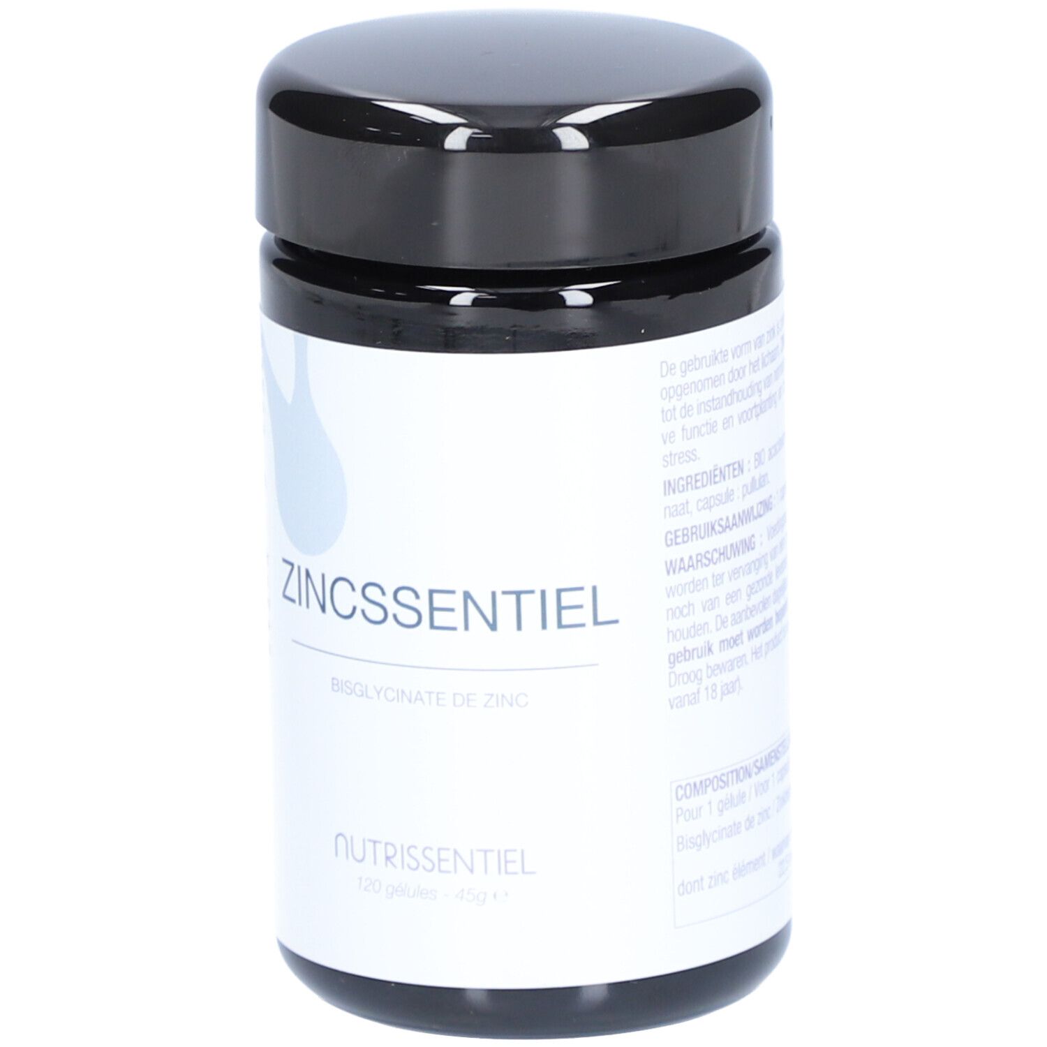 Cilindrische pot met zwarte deksel. Opschrift: ZINCSSENTIEL, Bisglycinate de Zinc, Nutrissentiel. 120 capsules, 45g.