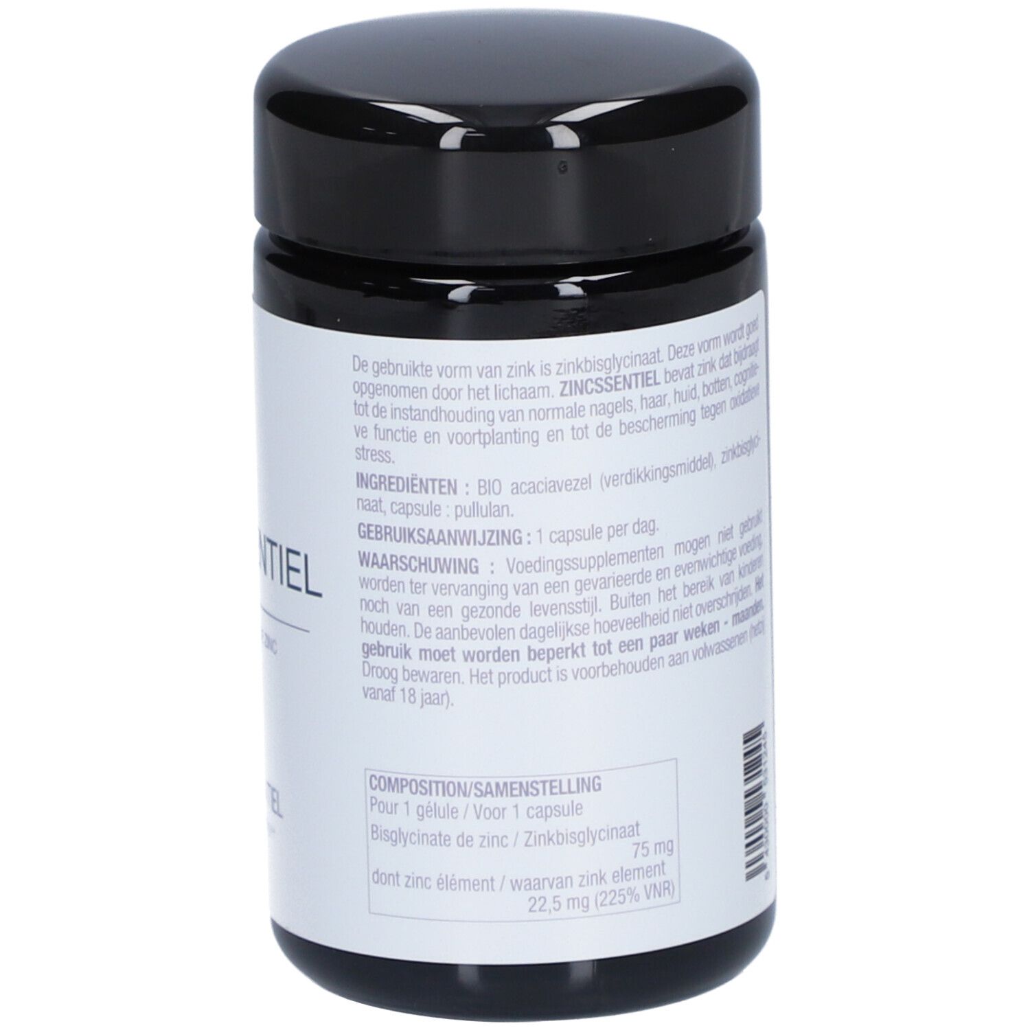 Cilindrische pot met zwarte deksel. Opschrift: ZINCSSENTIEL, Bisglycinate de Zinc, Nutrissentiel. Tekst op de achterkant.