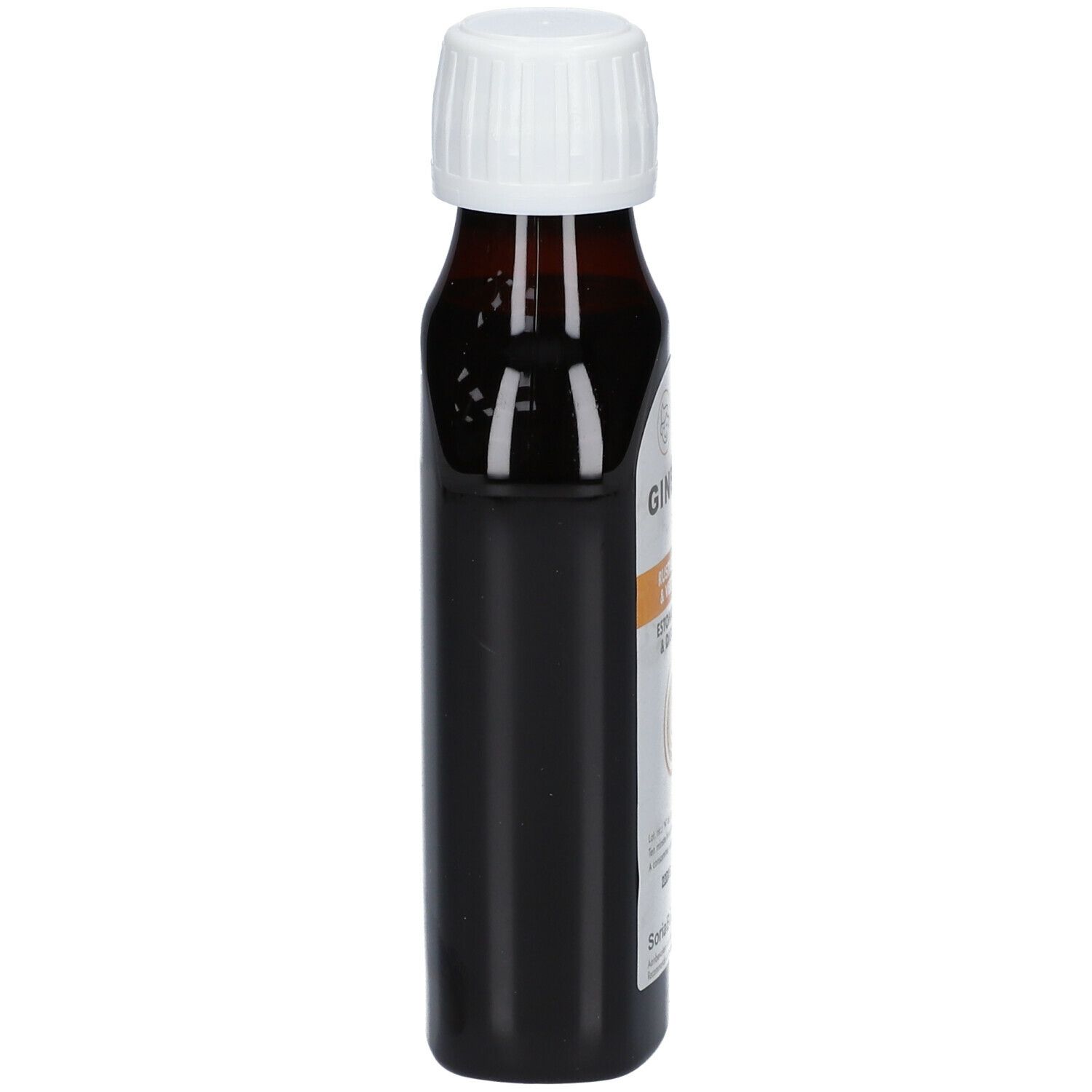 Bruine fles met witte dop, zijaanzicht. Etiket met productnaam en tekst.