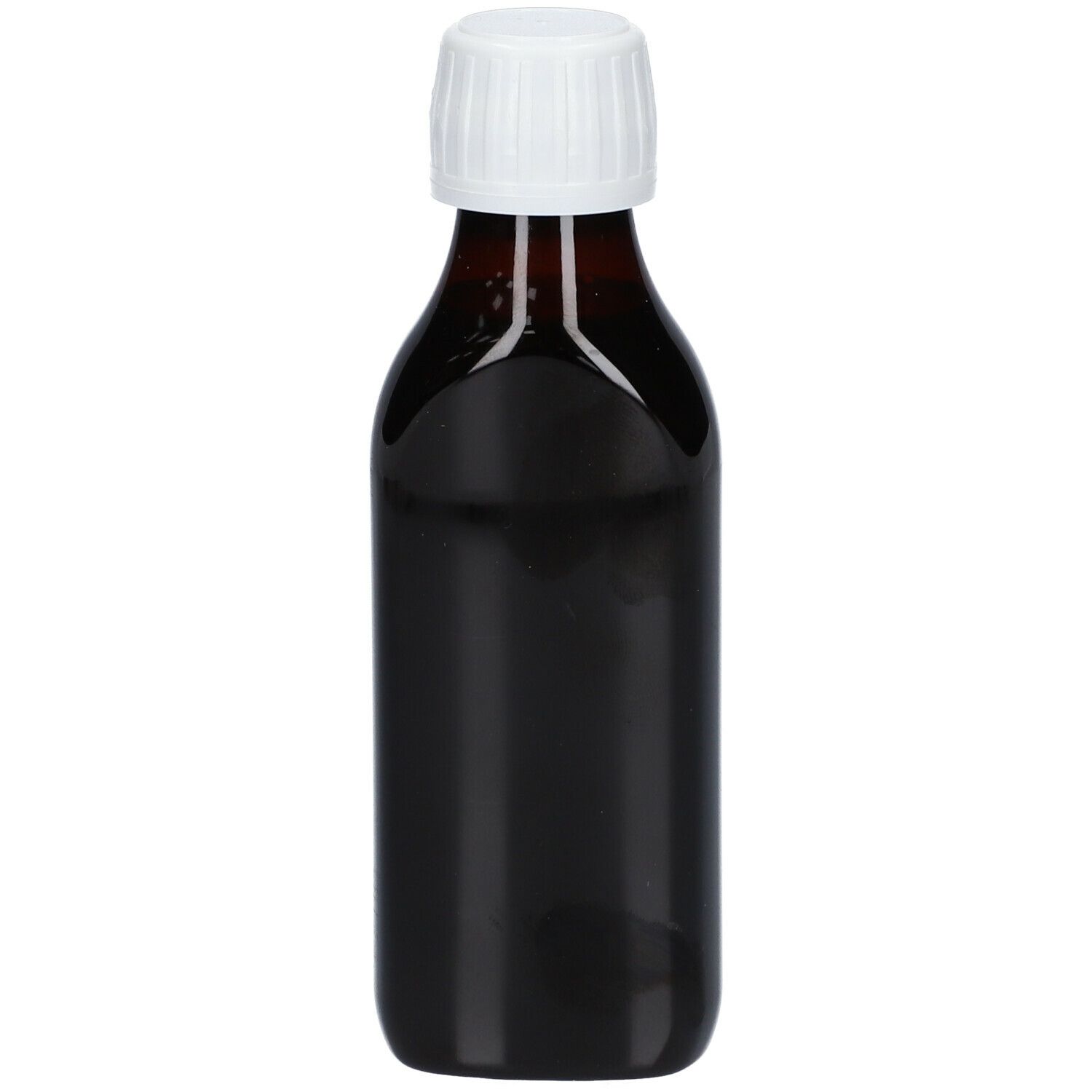 Bruine fles met witte dop, zijaanzicht. Geen etiketten zichtbaar.