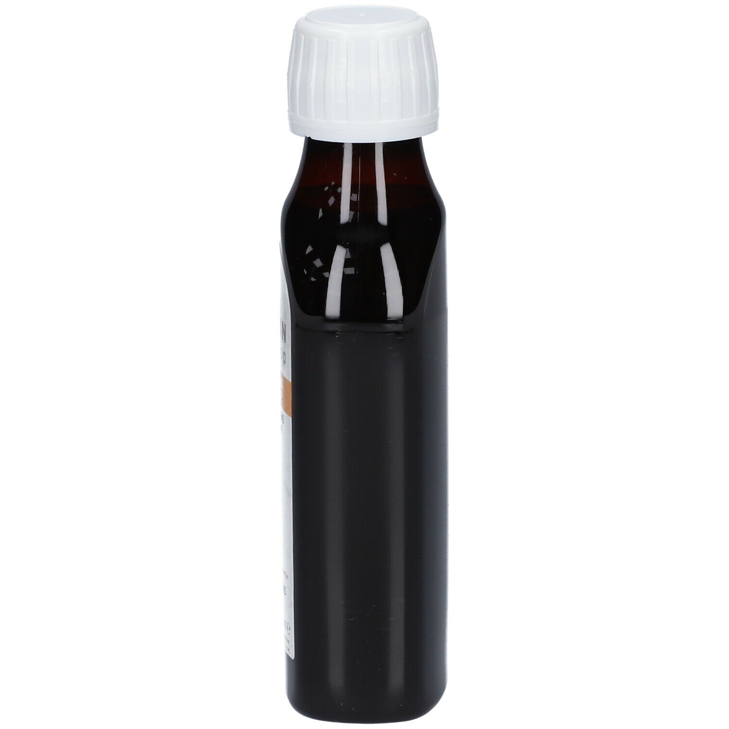 Bruine fles met witte dop, zijaanzicht. Geen etiketten zichtbaar.
