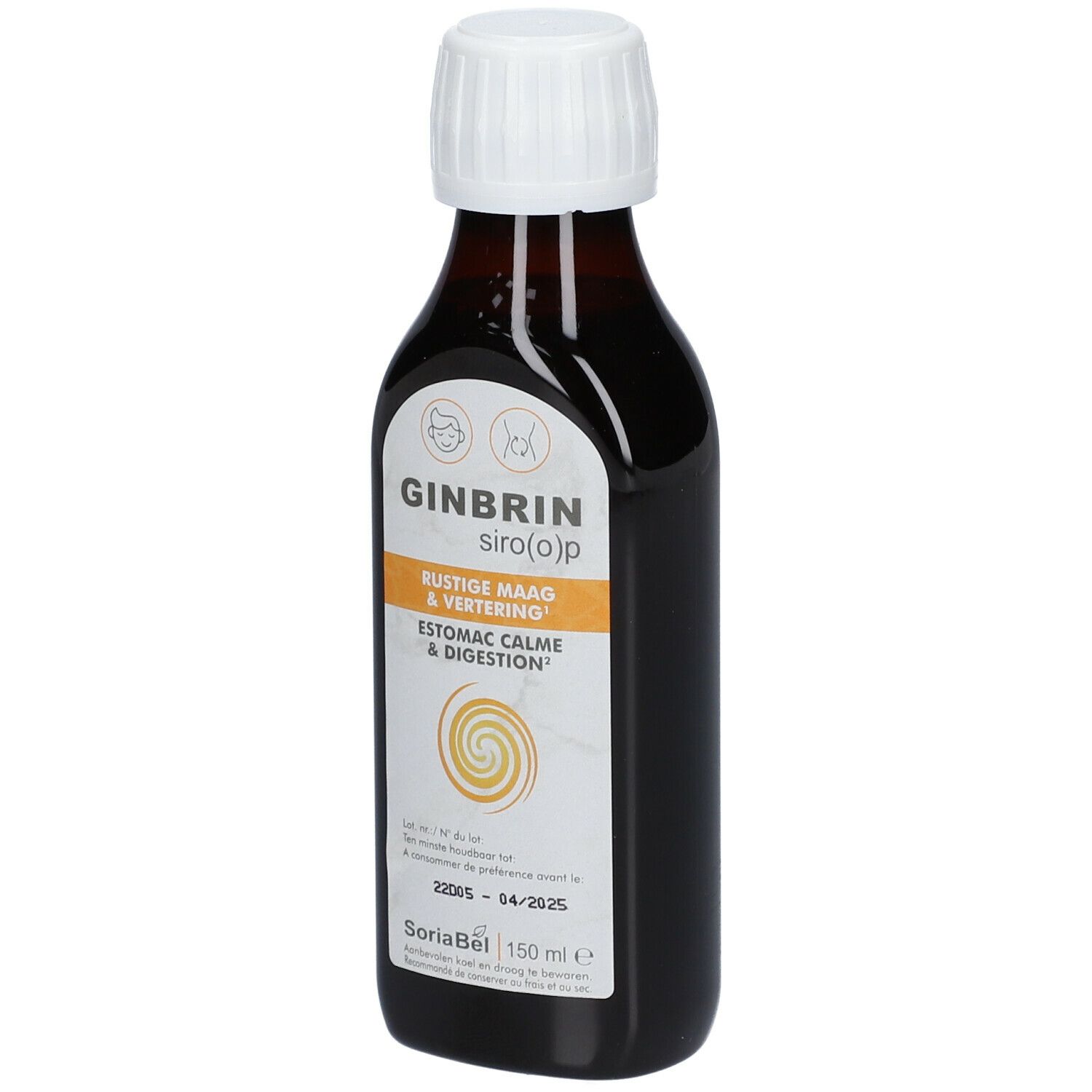 Bruine fles met witte dop. Etiket met productnaam en tekst. Opschrift: Estomac Calme & Digestion.