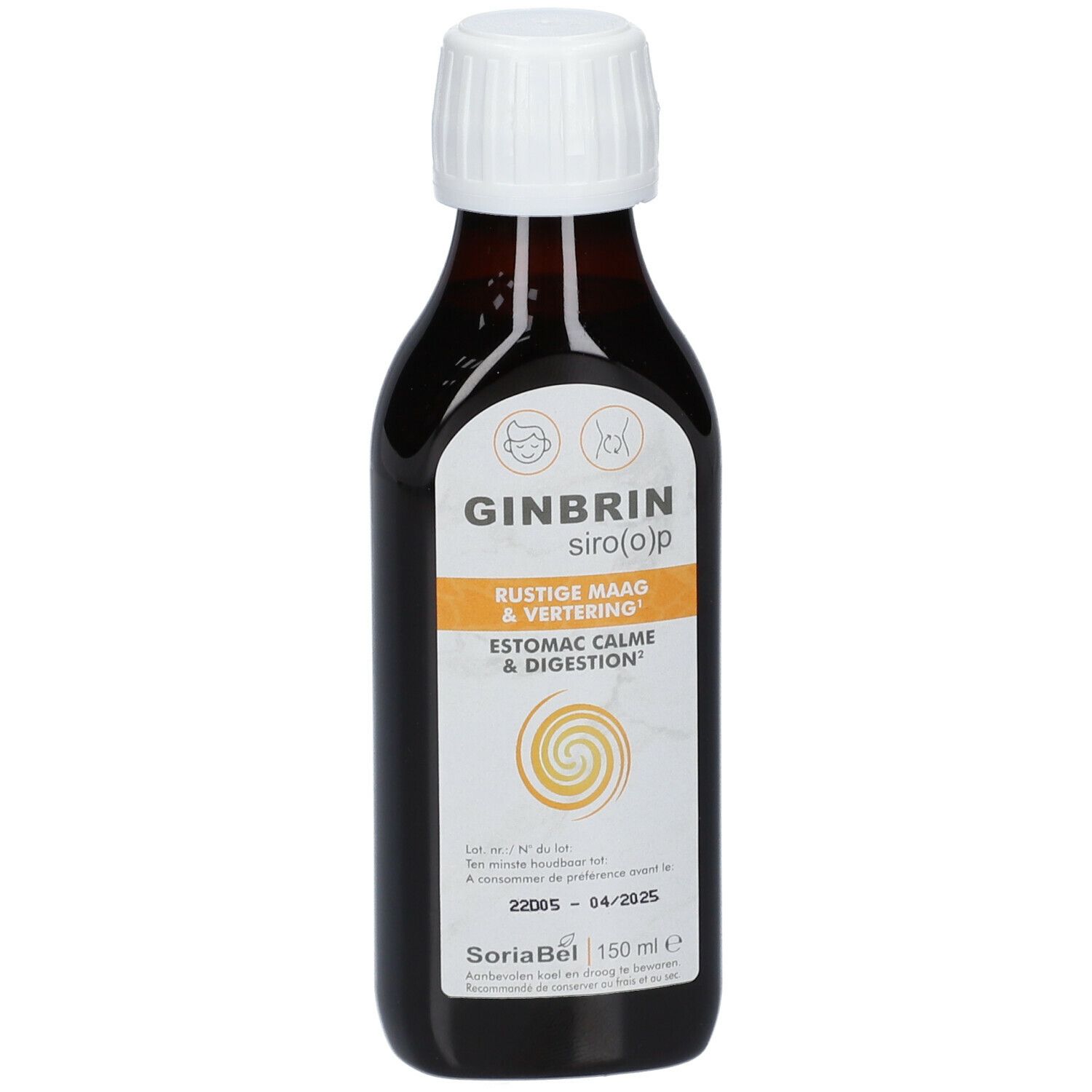 Bruine fles met witte dop. Etiket met productnaam en tekst. Opschrift: Estomac Calme & Digestion.