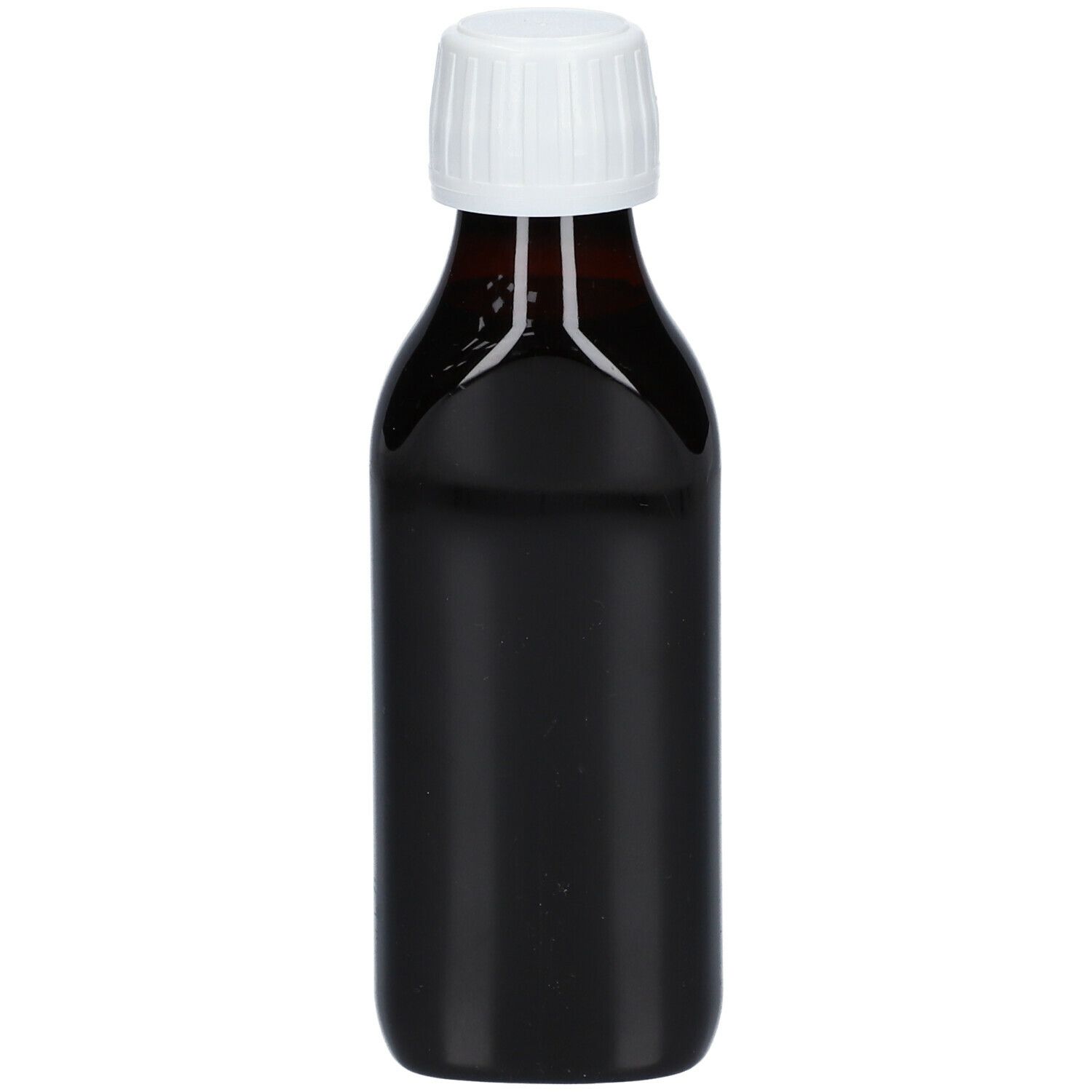 Bruine fles met witte dop. Bevat een donkere vloeistof.