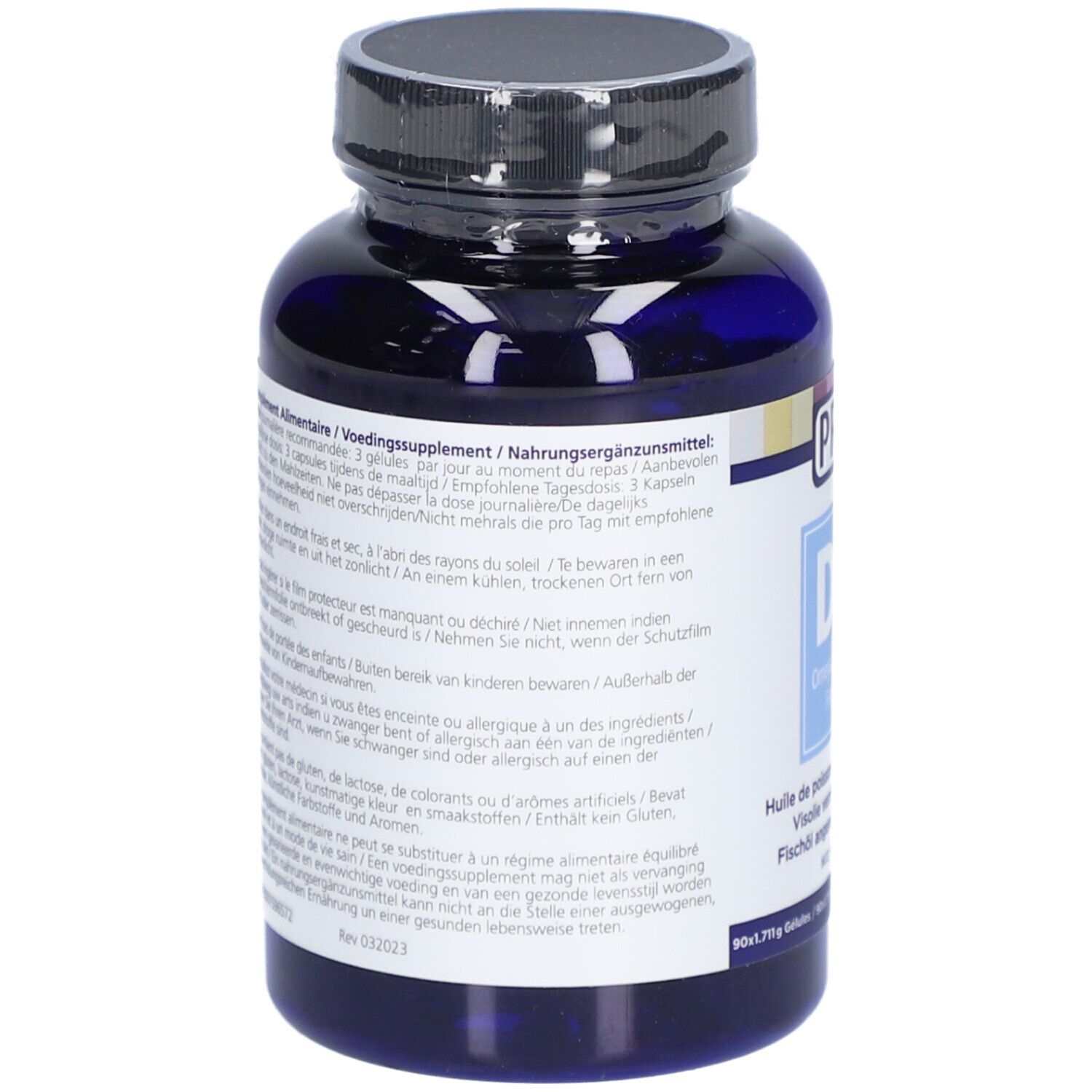 Rückseite der blauen Flasche. Text in mehreren Sprachen. Enthält Informationen zu Inhaltsstoffen und Dosierung.