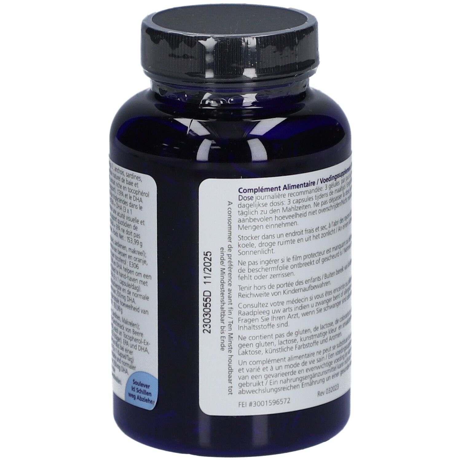 Rückseite der blauen Flasche. Text in mehreren Sprachen. Enthält Informationen zu Inhaltsstoffen und Dosierung.