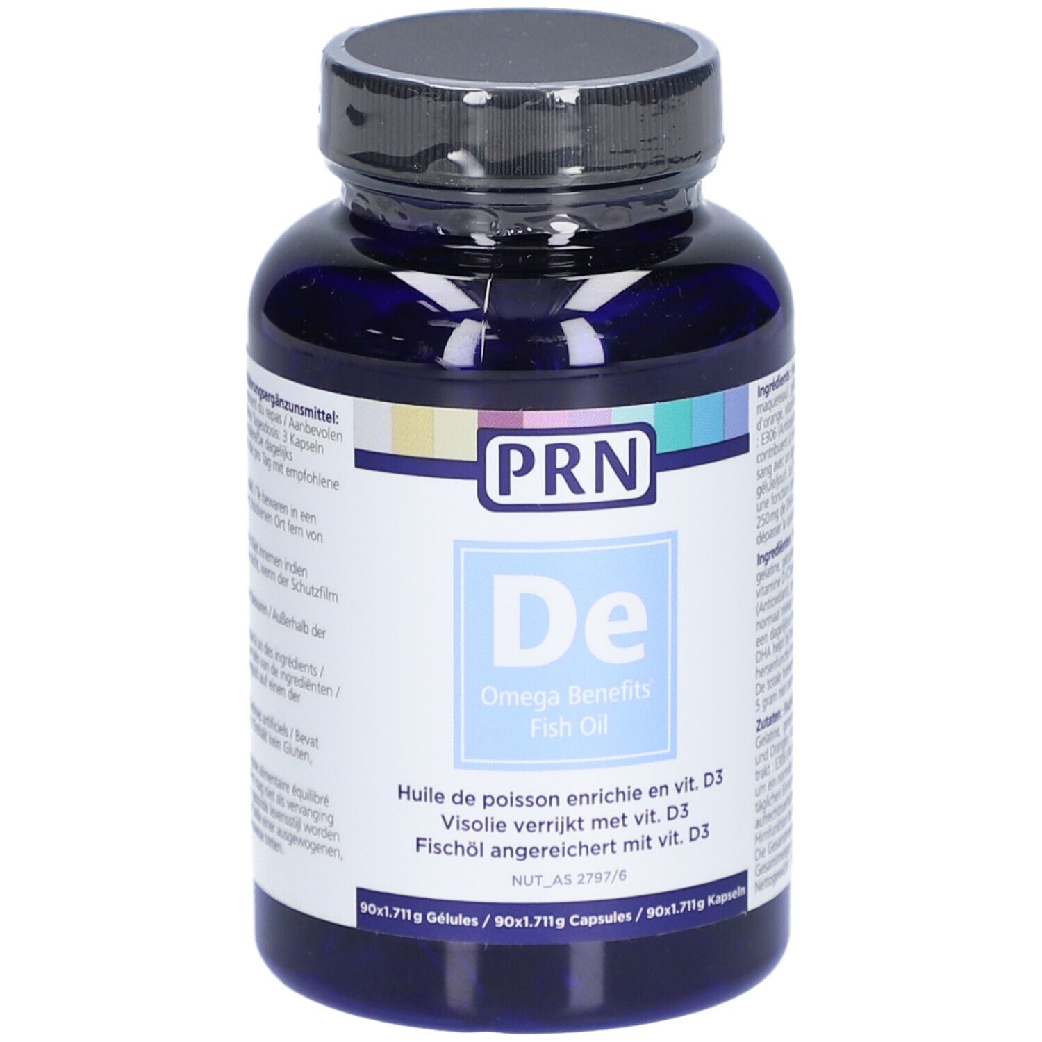 Blaue Flasche mit Kapseln. Aufschrift: PRN, De, Omega Benefits Fish Oil. Enthält 90 Kapseln.