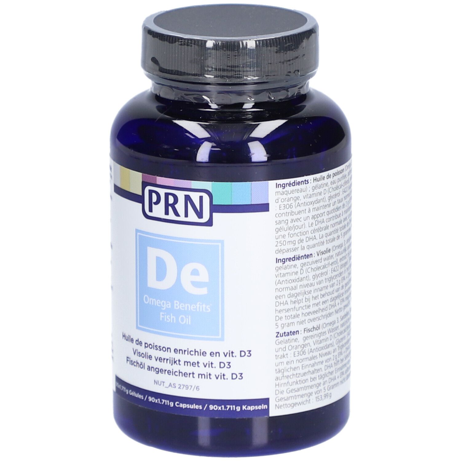 Blaue Flasche mit Kapseln. Aufschrift: PRN, De, Omega Benefits Fish Oil. Enthält 90 Kapseln.
