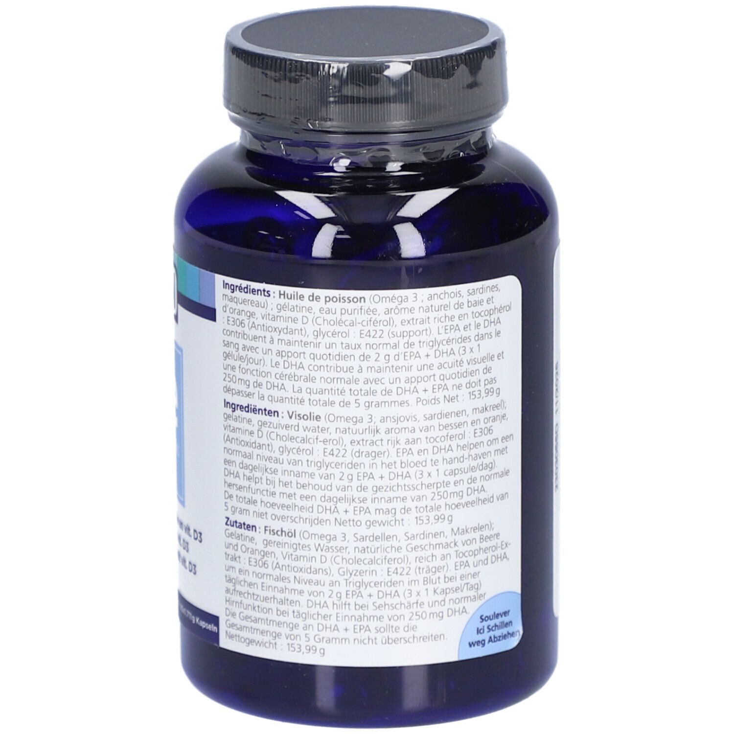 Rückseite der blauen Flasche. Text in mehreren Sprachen. Enthält Informationen zu Inhaltsstoffen und Dosierung.