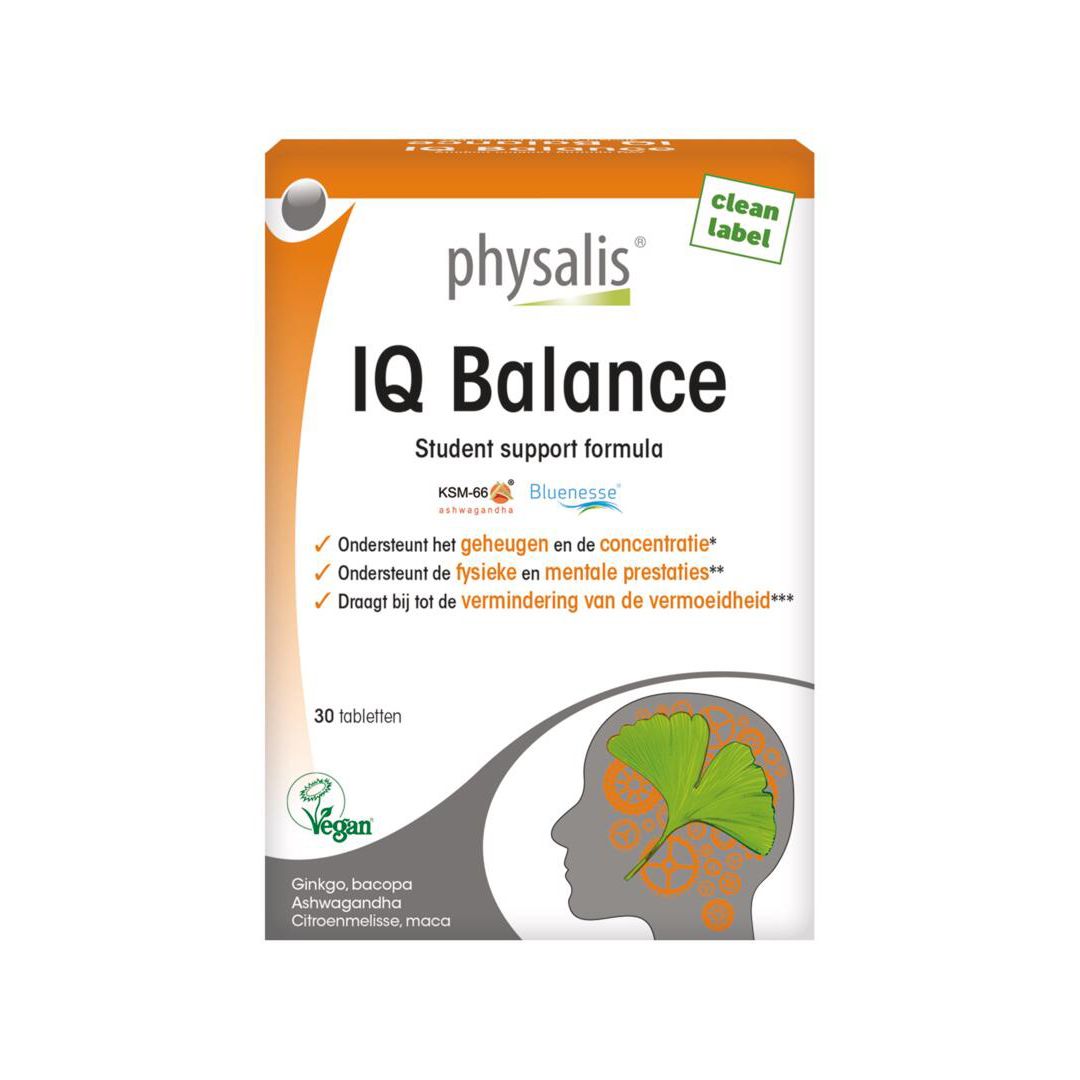 Doos IQ Balance, studentenformule. 30 tabletten. Vegan logo. Oranje-wit design.