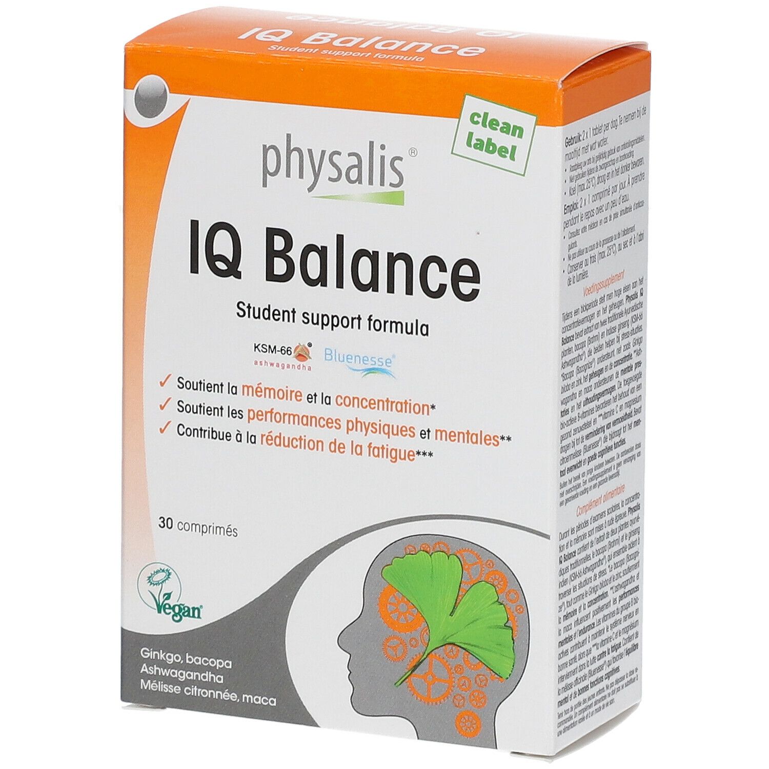 Doos IQ Balance, studentenformule. 30 tabletten. Vegan logo. Oranje-wit design.