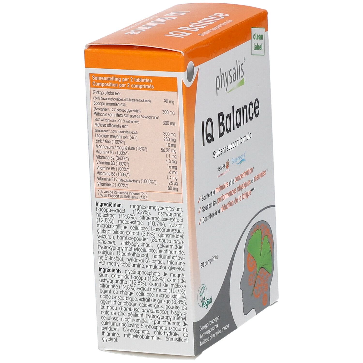 Doos IQ Balance, achterkant met ingrediënten en voedingswaarde. Meertalige tekst.