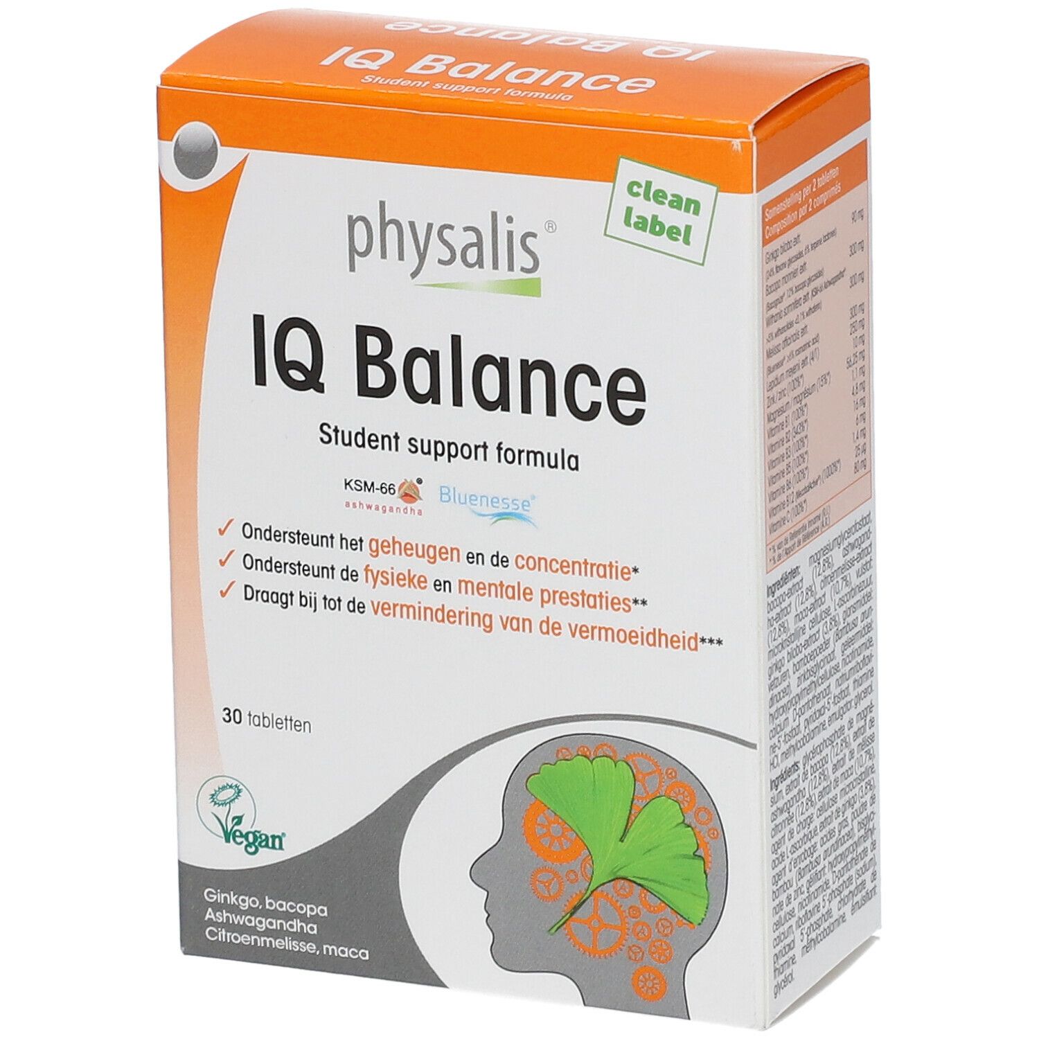 Doos IQ Balance, studentenformule. 30 tabletten. Vegan logo. Oranje-wit design.