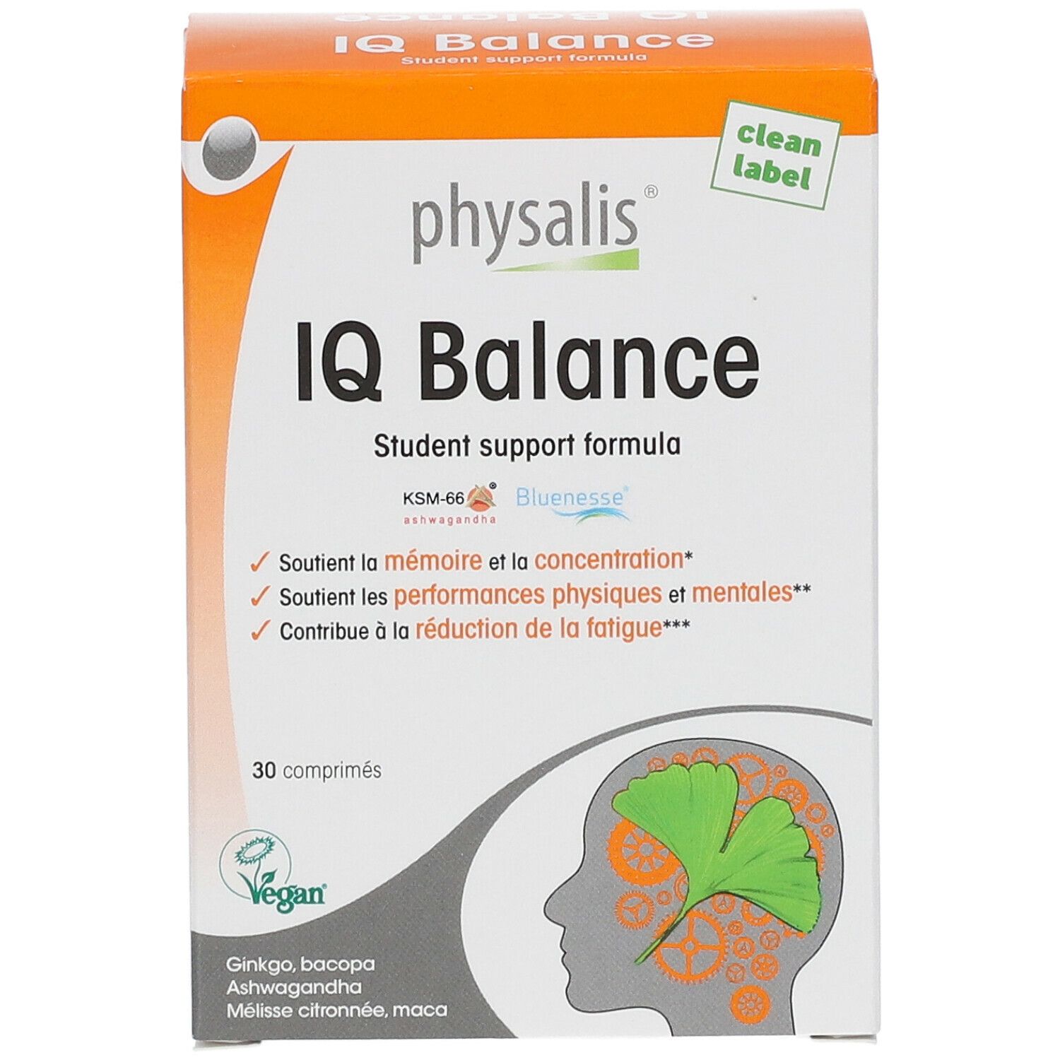 Doos IQ Balance, studentenformule. 30 tabletten. Vegan logo. Oranje-wit design.