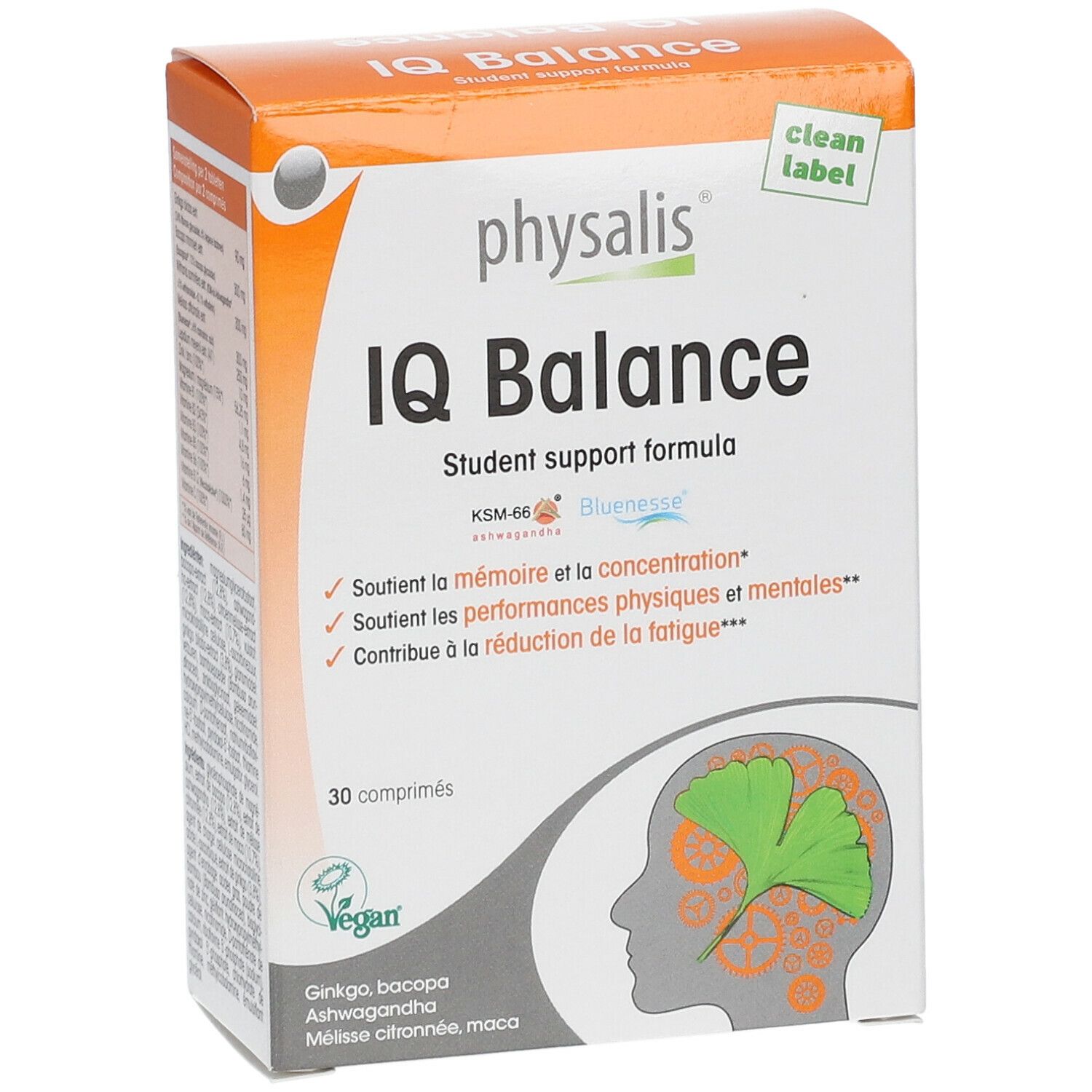 Doos IQ Balance, studentenformule. 30 tabletten. Vegan logo. Oranje-wit design.