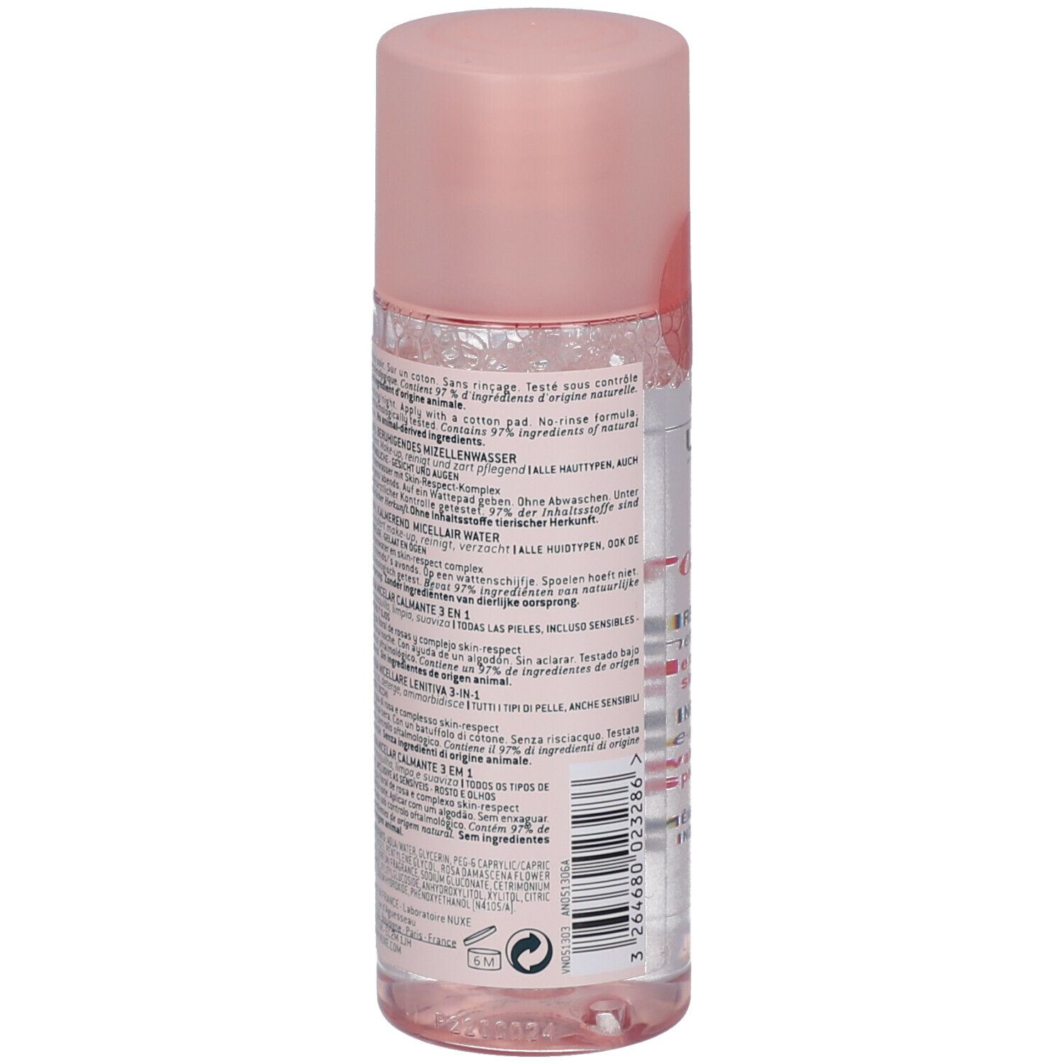 Flacon cylindrique avec liquide rose et bouchon rose. Étiquette avec texte. Vue arrière.