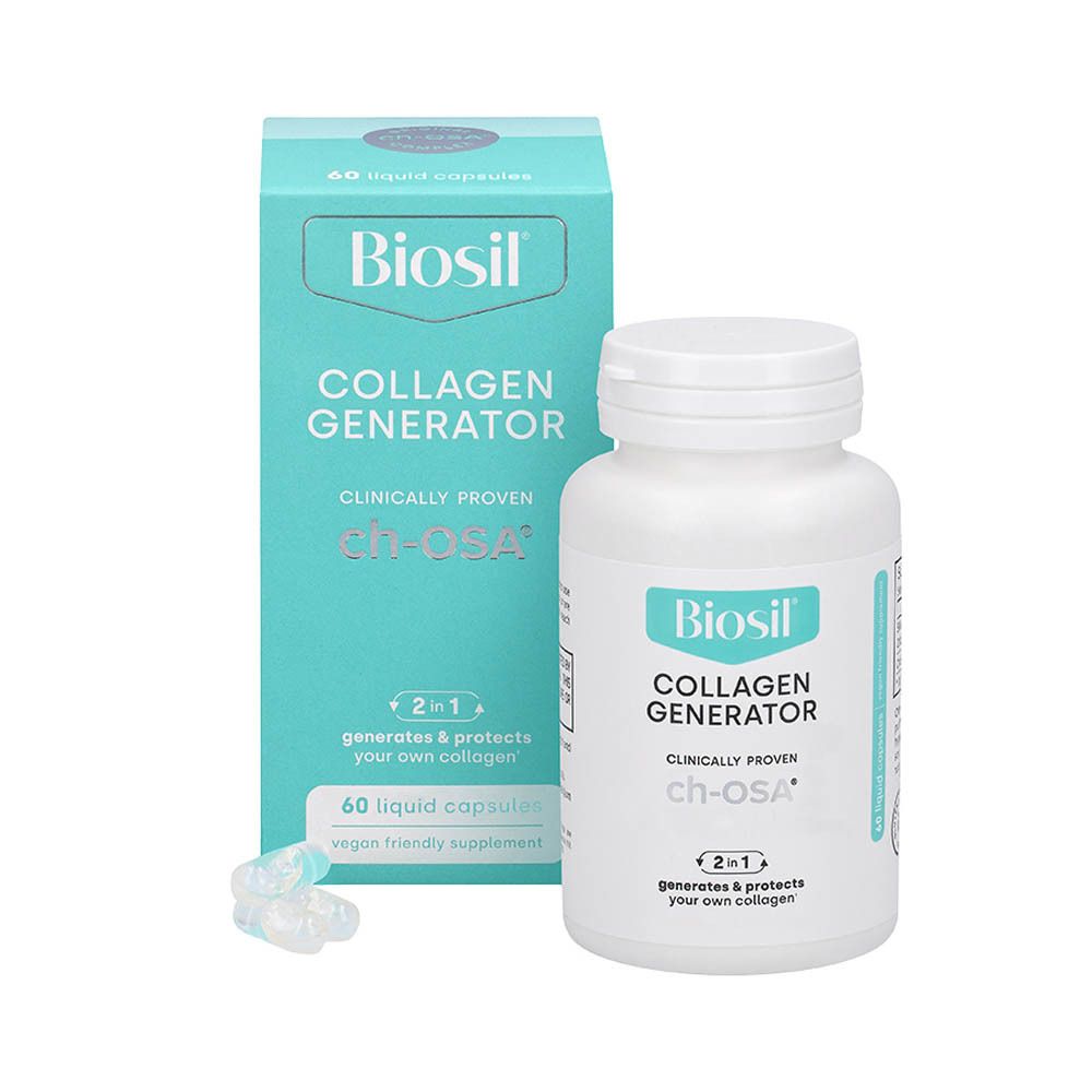 Produit Biosil avec flacon et boîte. Inscription: Collagen Generator. 60 gélules liquides.
