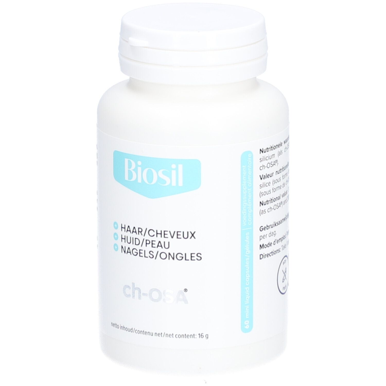 Flacon blanc avec capsules. Inscription: Biosil, cheveux/peau/ongles. Accents turquoise. Couvercle supérieur.