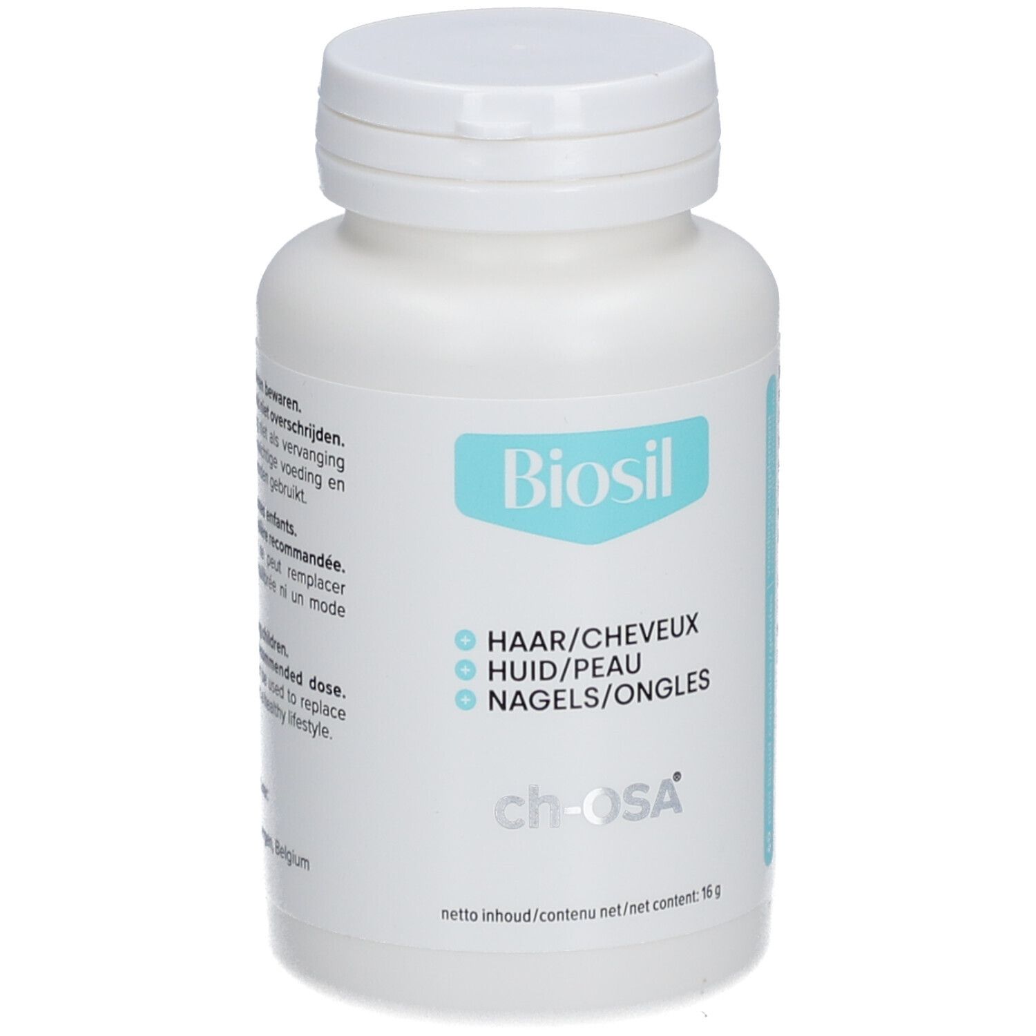 Flacon blanc avec capsules. Inscription: Biosil, cheveux/peau/ongles. Accents turquoise. Couvercle supérieur.