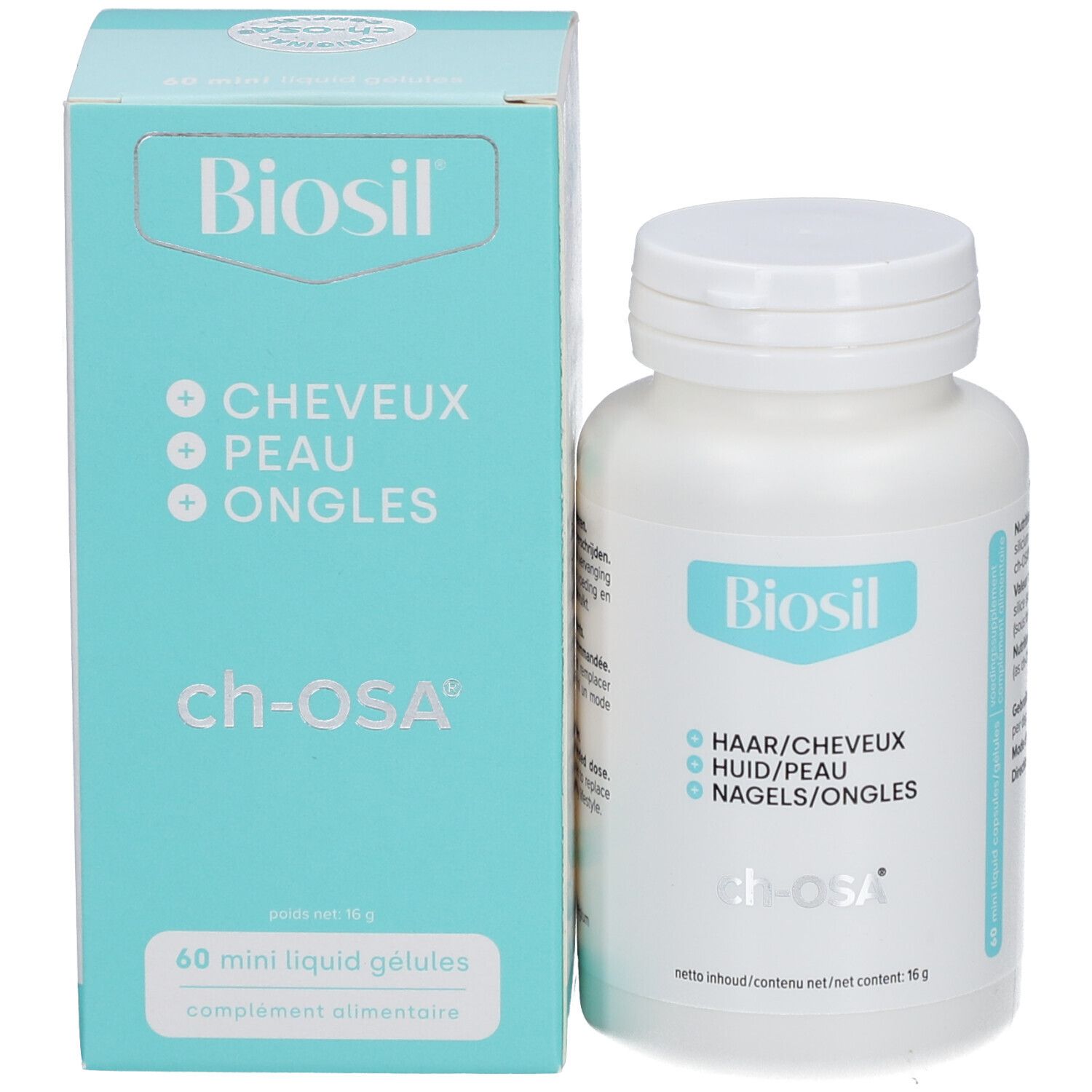 Produit Biosil avec flacon et boîte. Inscription: cheveux/peau/ongles. 60 mini gélules liquides.