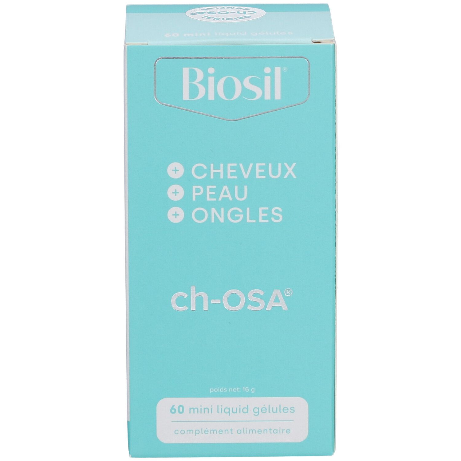 Boîte turquoise avec produit Biosil. Inscription: cheveux/peau/ongles. 60 mini gélules liquides.