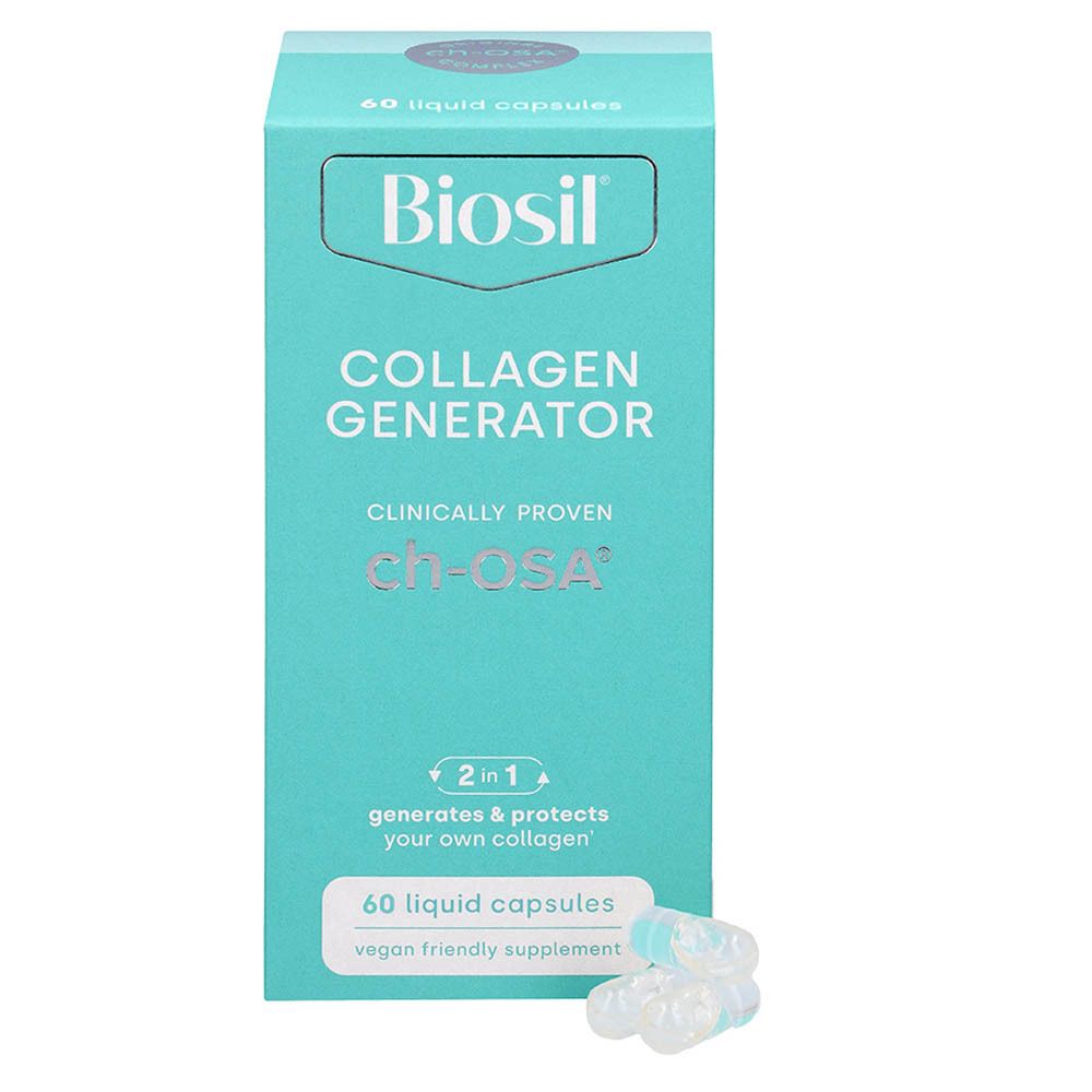 Boîte turquoise avec produit Biosil. Inscription: Collagen Generator. 60 gélules liquides.