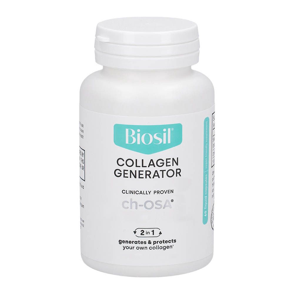 Flacon blanc avec produit Biosil. Inscription: Collagen Generator. 60 gélules liquides. Couvercle supérieur.