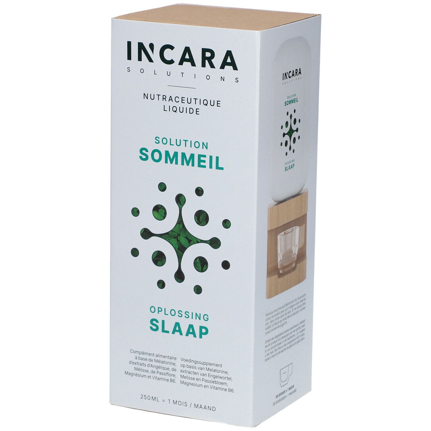 Boîte Incara Solutions Solution Sommeil. Inscription Solution Sommeil, Oplossing Slaap. Design vert et blanc. 250 ml.