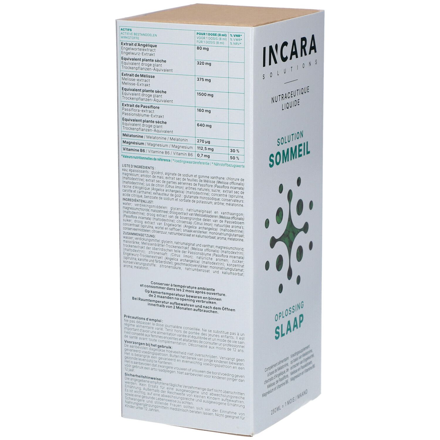 Dos de la boîte Incara Solutions. Liste des ingrédients et valeurs nutritionnelles. Texte multilingue.