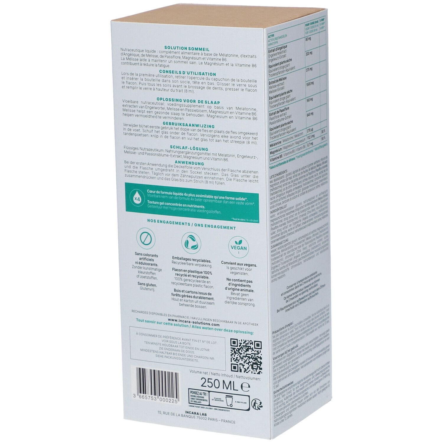 Dos de la boîte Incara Solutions. Mode d'emploi et informations. Texte multilingue.