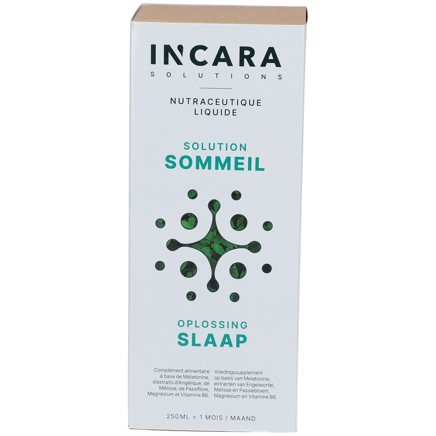 Boîte Incara Solutions Solution Sommeil. Inscription Solution Sommeil, Oplossing Slaap. Design vert et blanc. 250 ml.