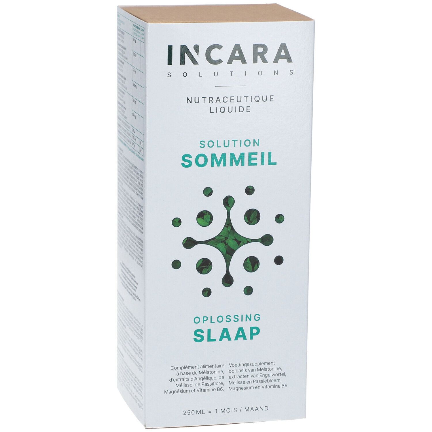 Boîte Incara Solutions Solution Sommeil. Inscription Solution Sommeil, Oplossing Slaap. Design vert et blanc. 250 ml.