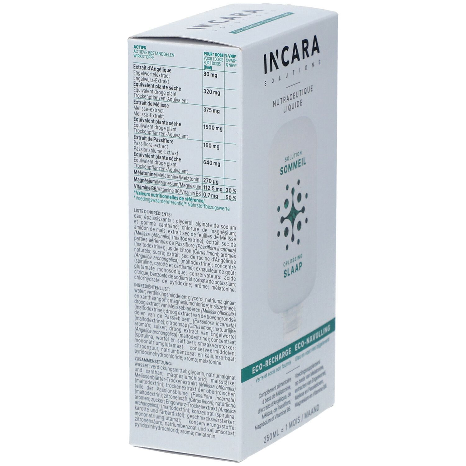 Dos de la boîte Incara Solutions. Liste des ingrédients et informations nutritionnelles. Textes en français et néerlandais.