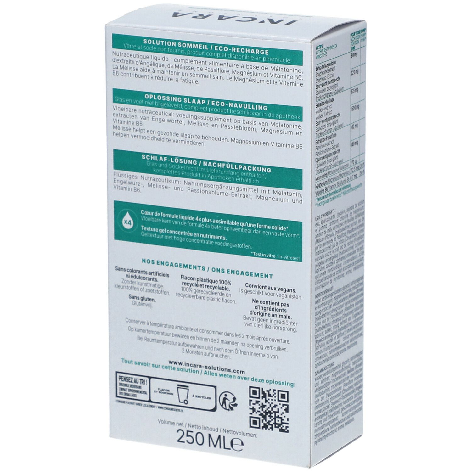 Côté de la boîte Incara Solutions. Informations produit en français, néerlandais et allemand. 250ml.