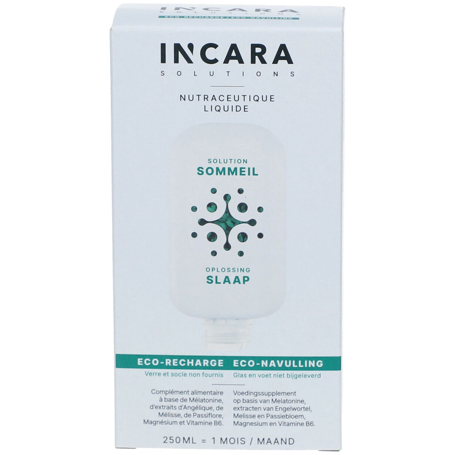 Boîte Incara Solutions. Solution Sommeil, Eco-Recharge. Contient 250ml. Ingrédients et informations nutritionnelles.