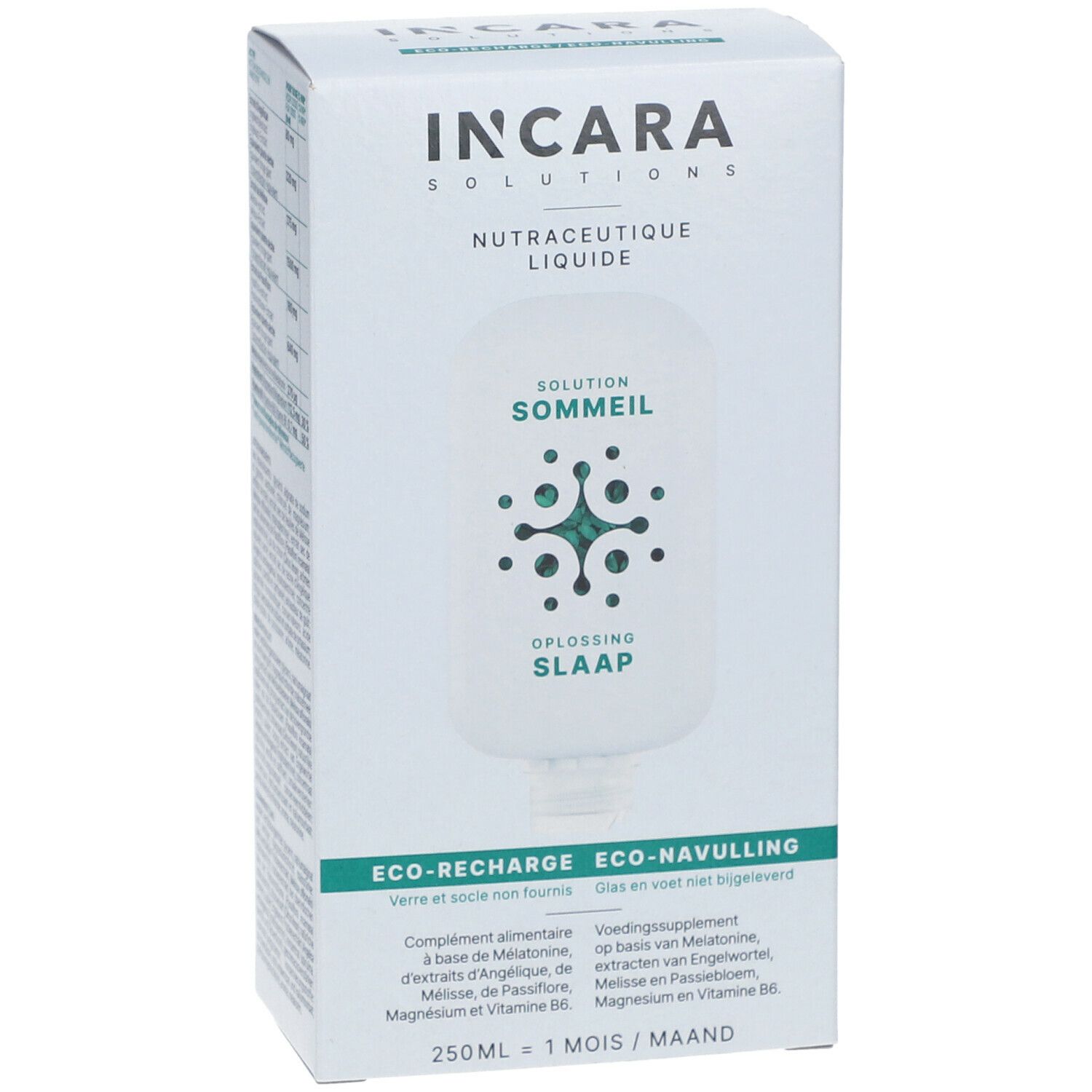 Boîte Incara Solutions. Solution Sommeil, Eco-Recharge. Contient 250ml. Ingrédients et informations nutritionnelles.