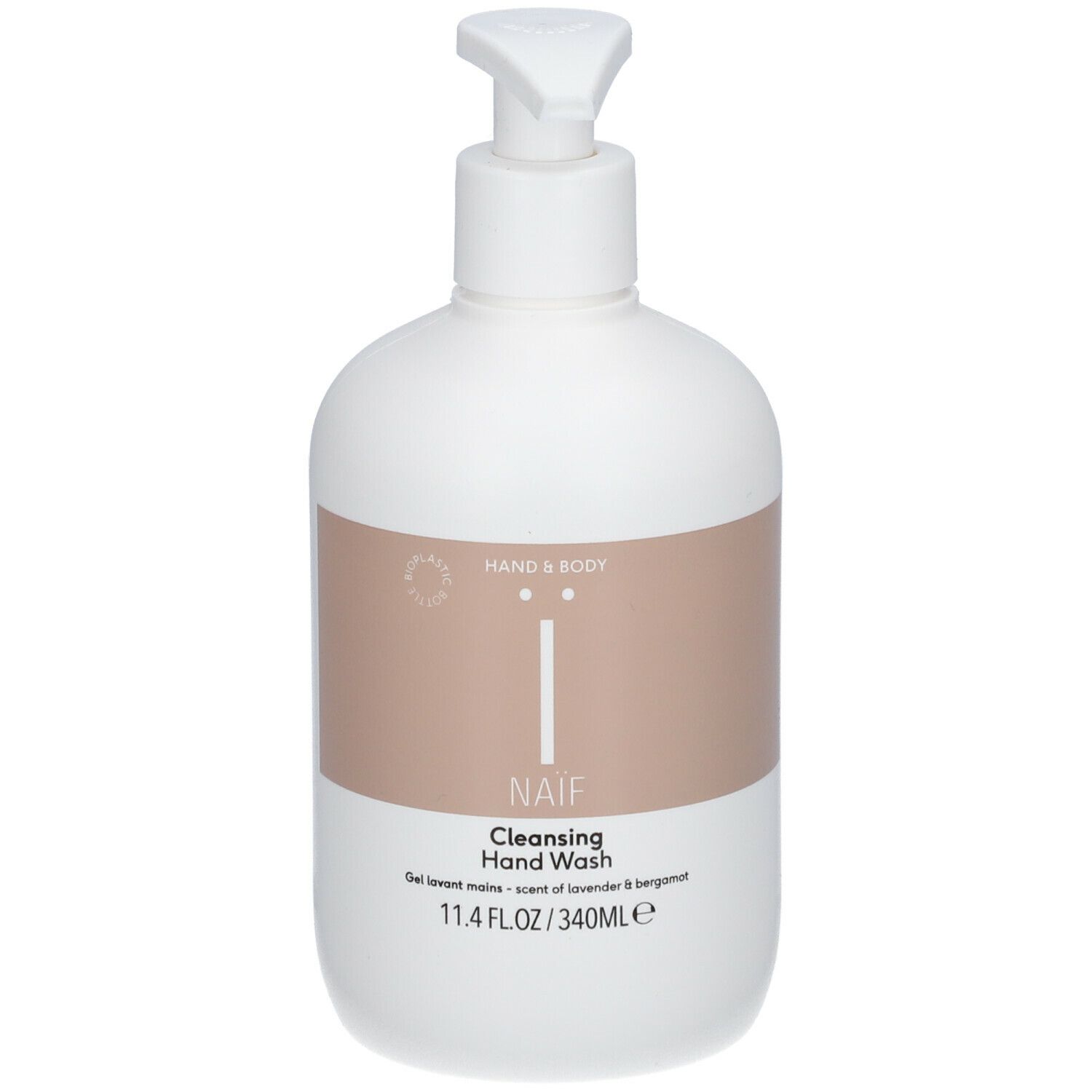 Flacon blanc avec pompe. Inscription : NAIF, Cleansing Hand Wash. Bande colorée avec texte. 11.4 FL.OZ/340ml.