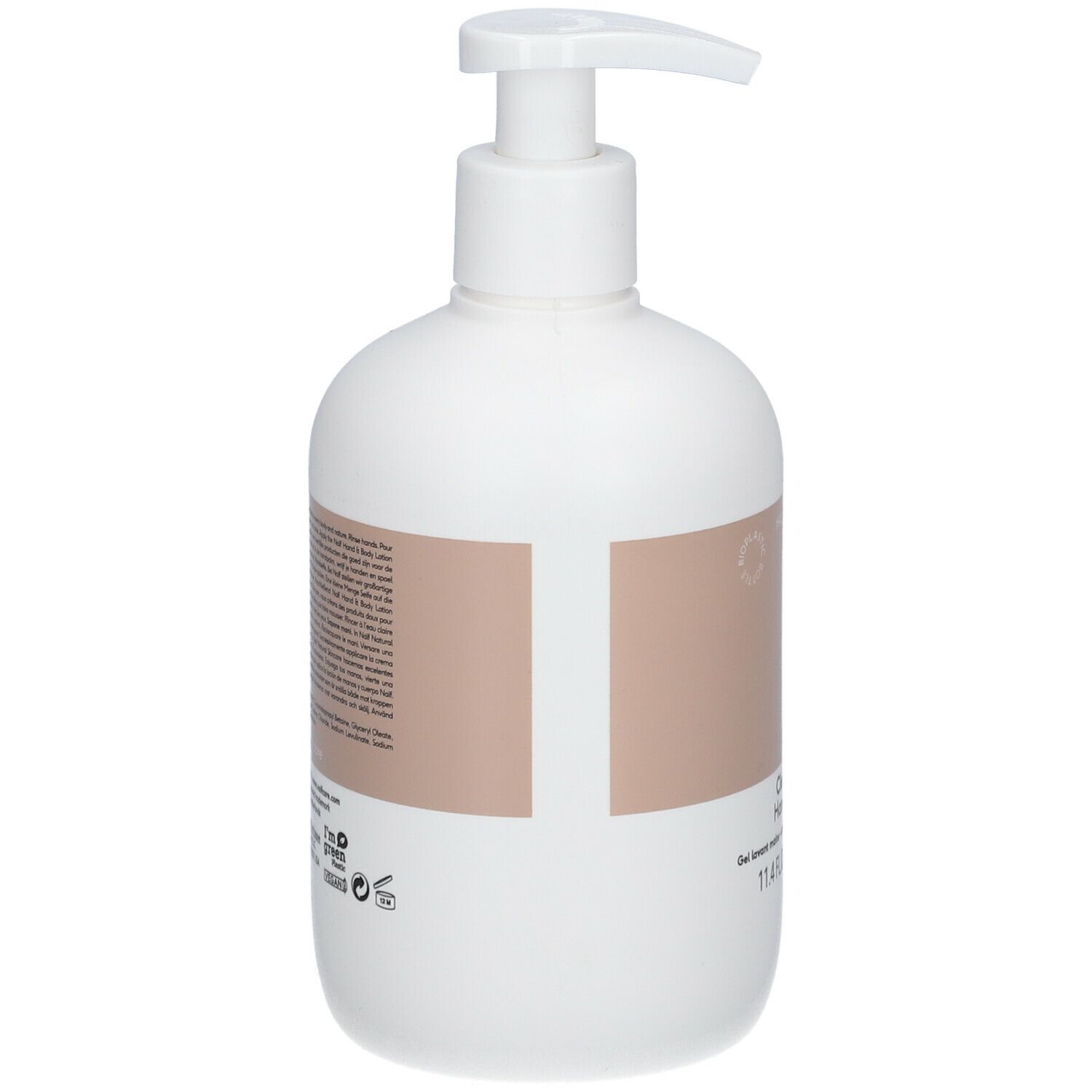 Flacon blanc avec pompe. Texte et code-barres au dos. Bande colorée. 11.4 FL.OZ/340ml.