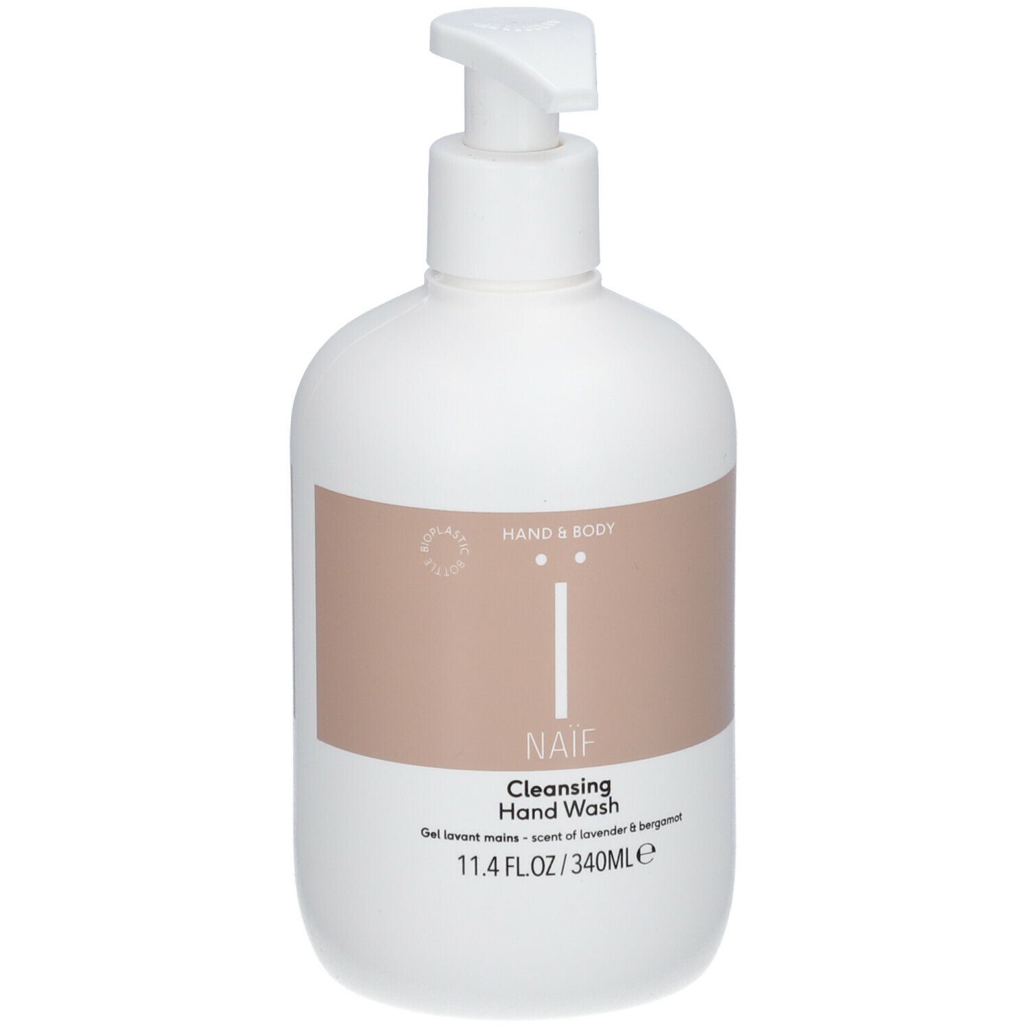 Flacon blanc avec pompe. Inscription : NAIF, Cleansing Hand Wash. Bande colorée avec texte. 11.4 FL.OZ/340ml.