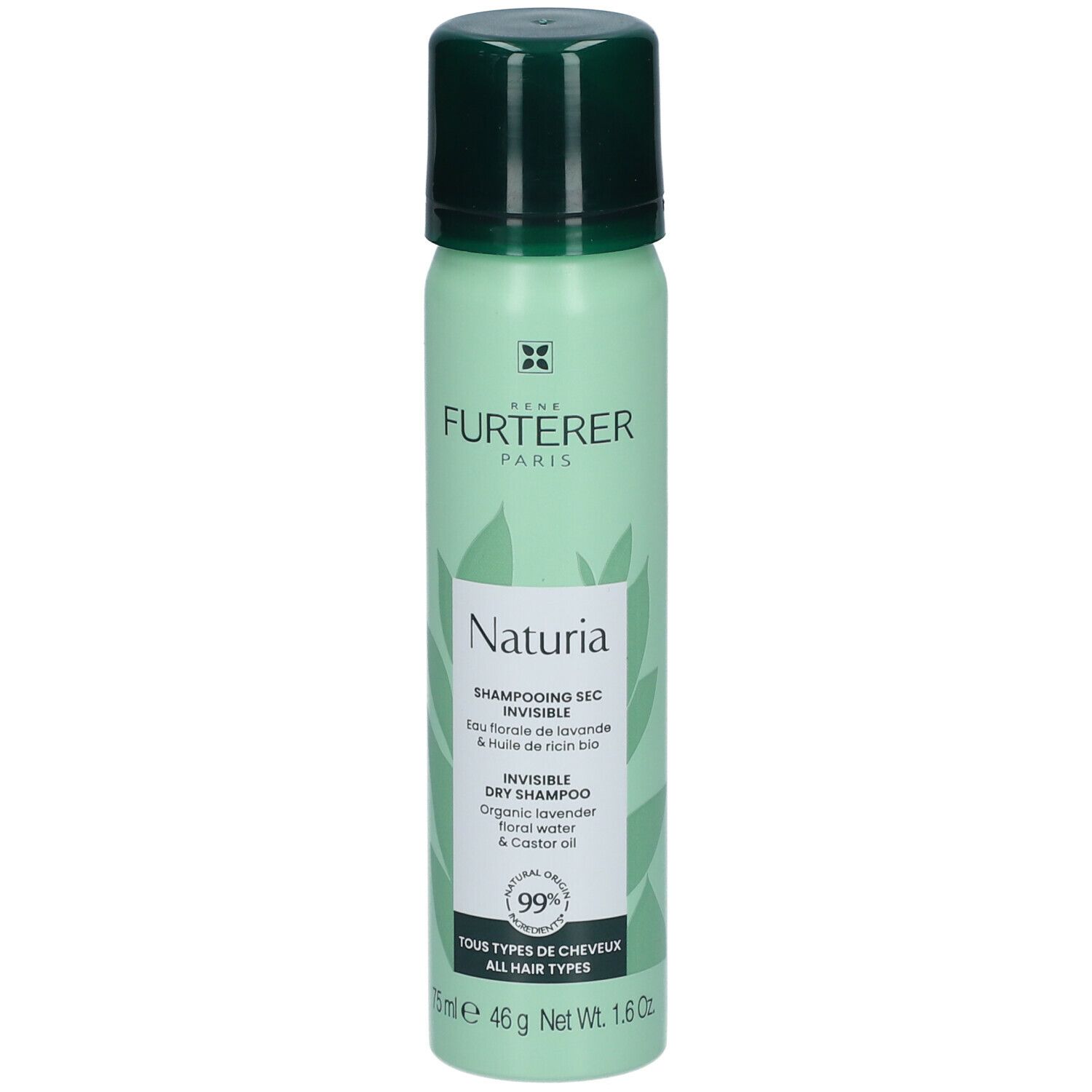 Flacon spray vert avec bouchon noir. Inscription : René Furterer, Naturia, shampooing sec. Contient 99% d'ingrédients naturels.