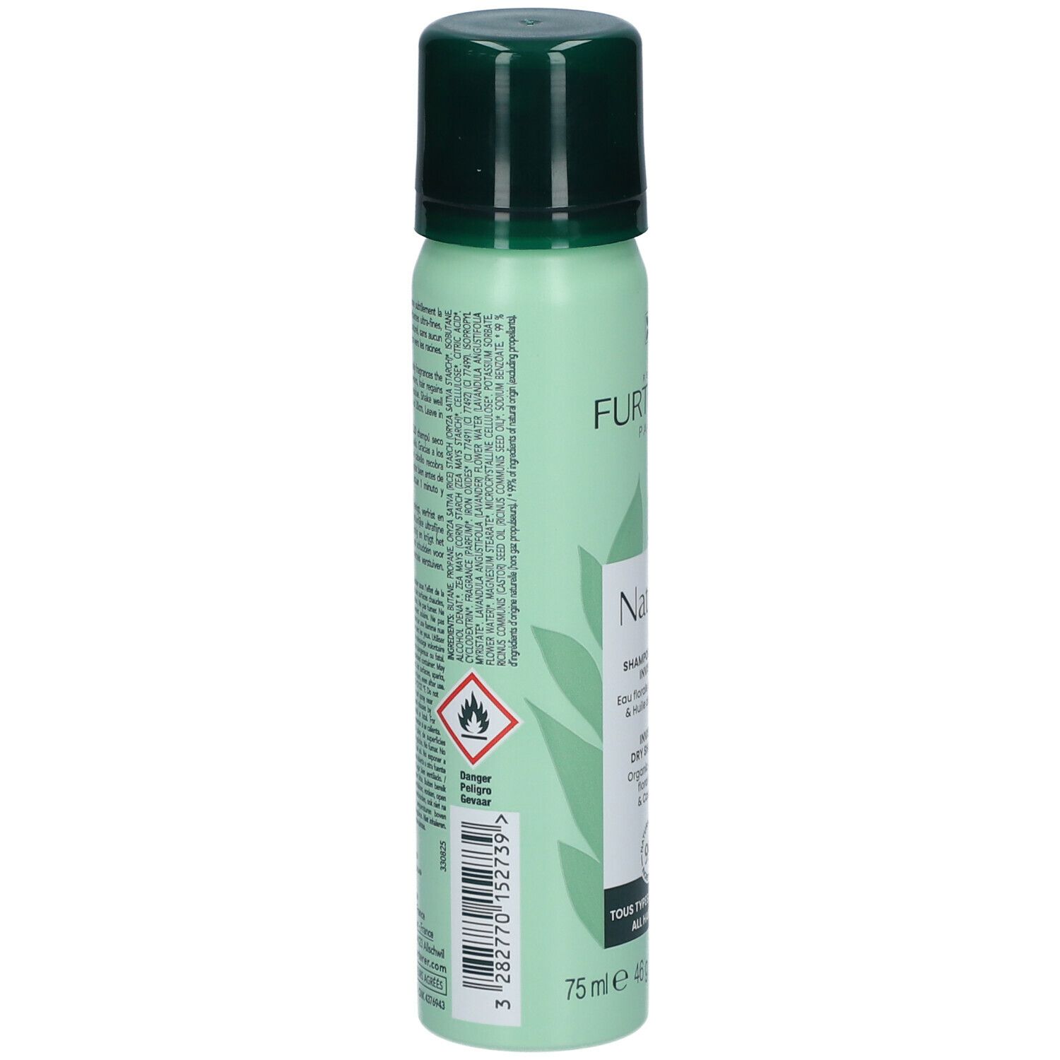 Dos du flacon spray vert. Texte : ingrédients, avertissements, informations fabricant. Symbole de danger : flamme. Volume : 75 ml.