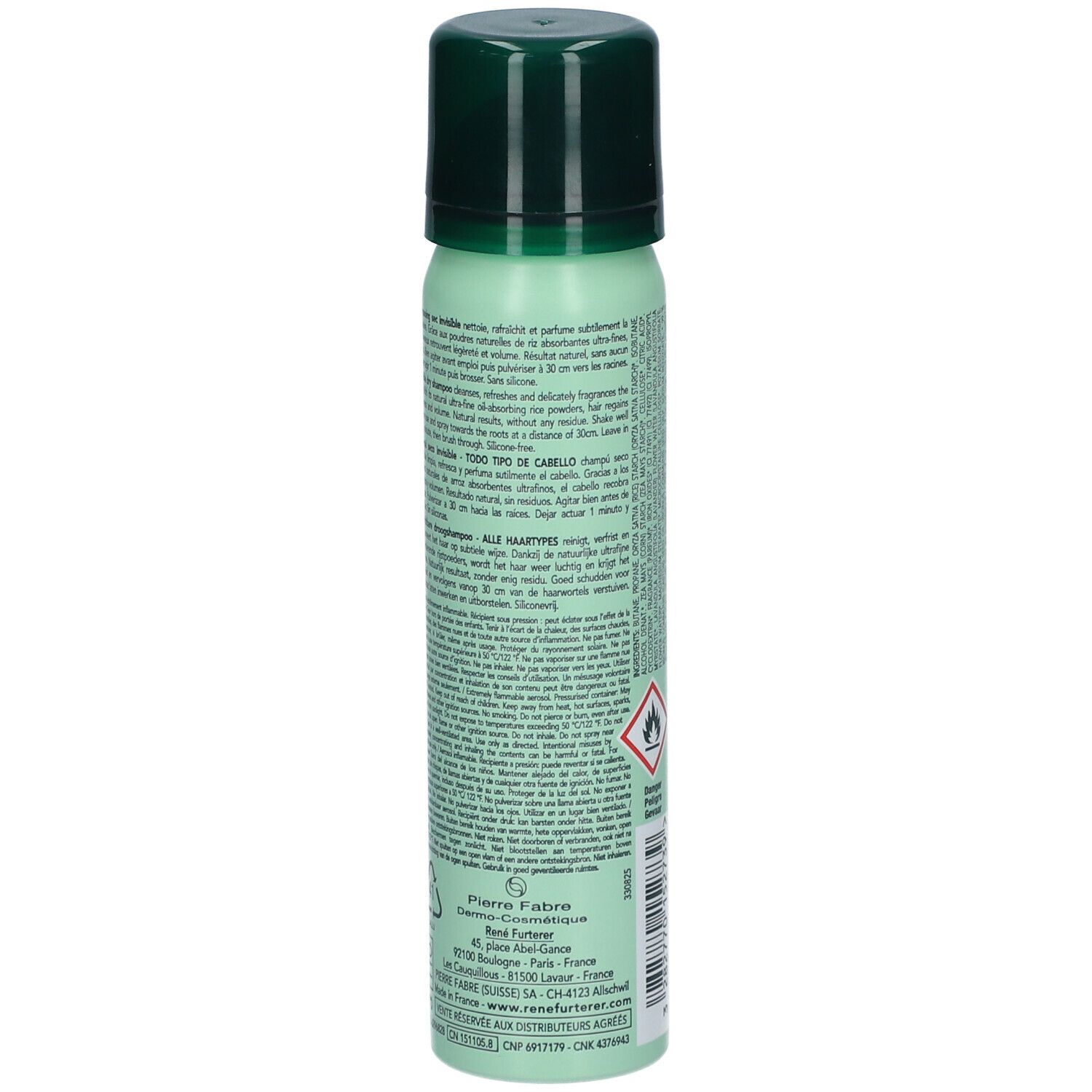 Dos du flacon spray vert. Texte : utilisation, ingrédients, informations fabricant. Symbole de danger : flamme. Volume : 75 ml.