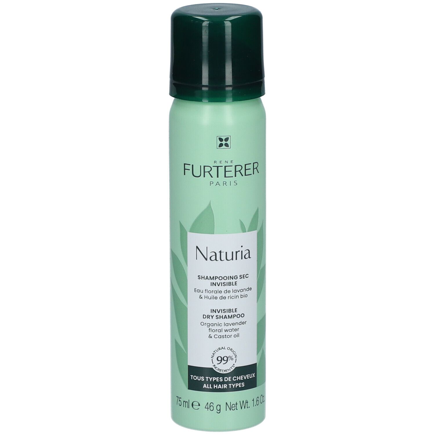 Flacon spray vert avec bouchon noir. Inscription : René Furterer, Naturia, shampooing sec. Contient 99% d'ingrédients naturels.