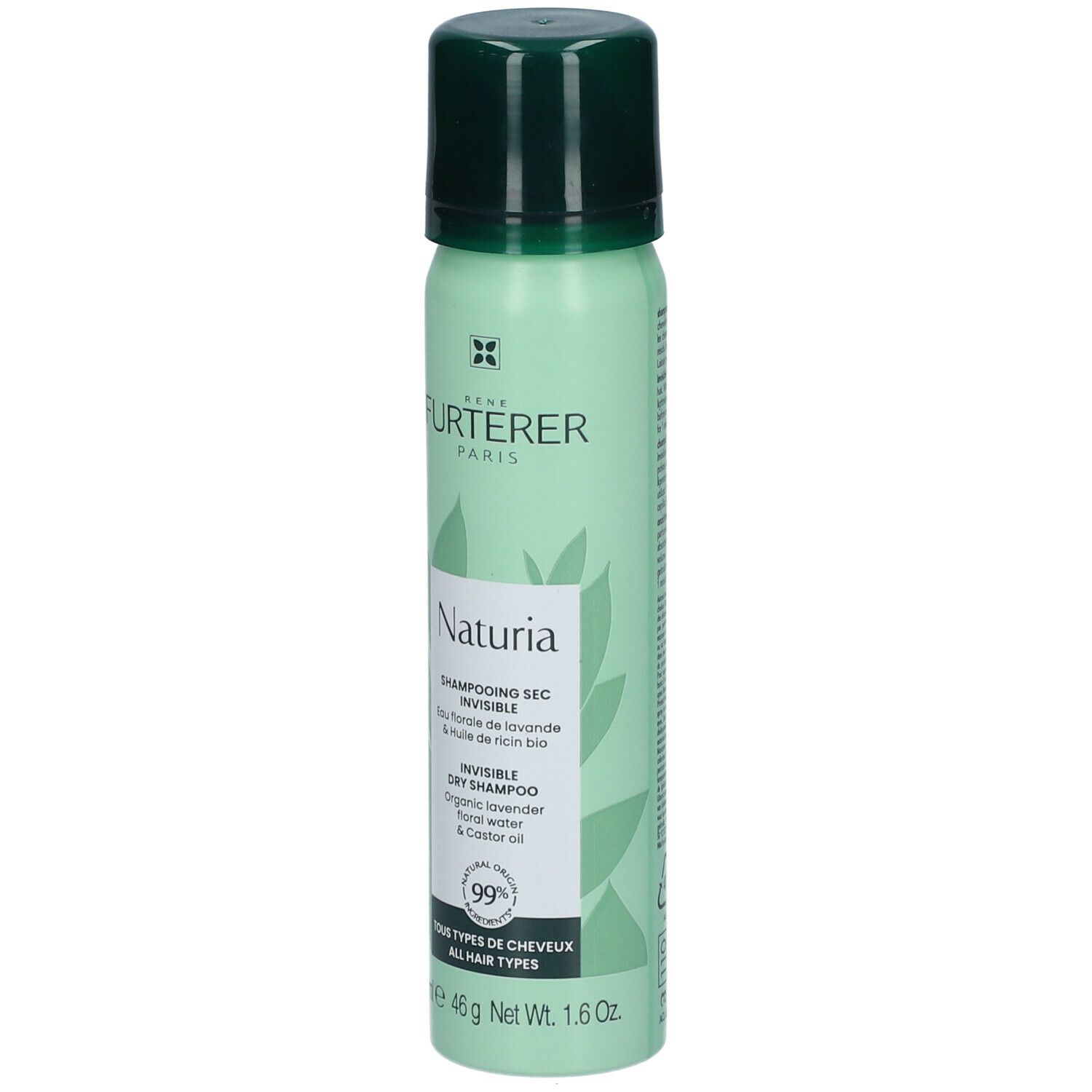 Flacon spray vert avec bouchon noir. Inscription : René Furterer, Naturia, shampooing sec. Contient 99% d'ingrédients naturels.