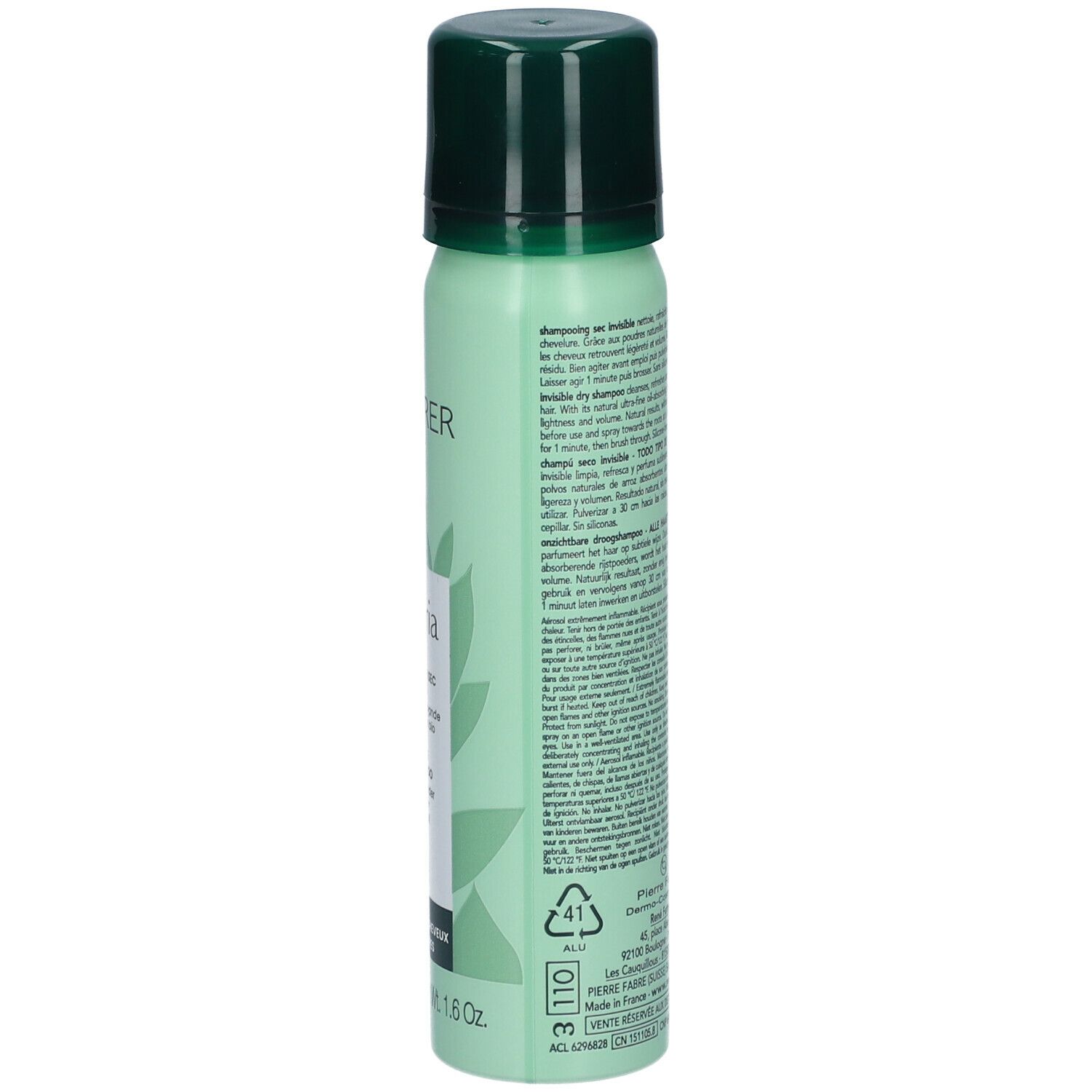 Dos du flacon spray vert. Texte : utilisation, ingrédients, informations fabricant. Volume : 75 ml. Symbole de recyclage.