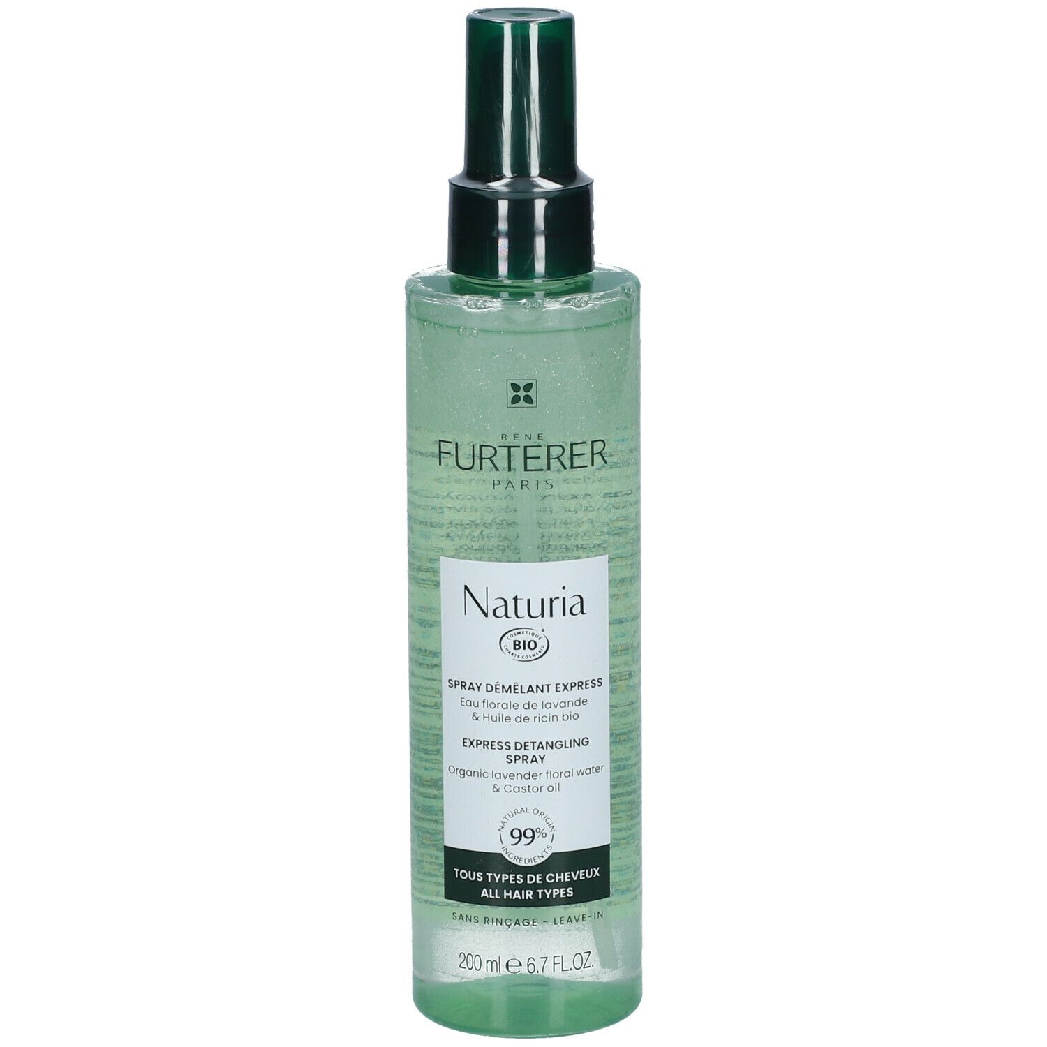 Flacon spray vert avec tête noire. Inscriptions: FURTERER PARIS, Naturia, Spray démêlant express, 200 ml.