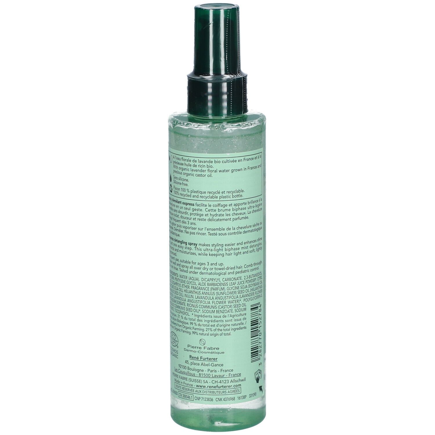 Flacon spray vert. Dos avec texte. Inscriptions: FURTERER, Naturia, Spray démêlant express, 99% ingrédients d'origine naturelle.