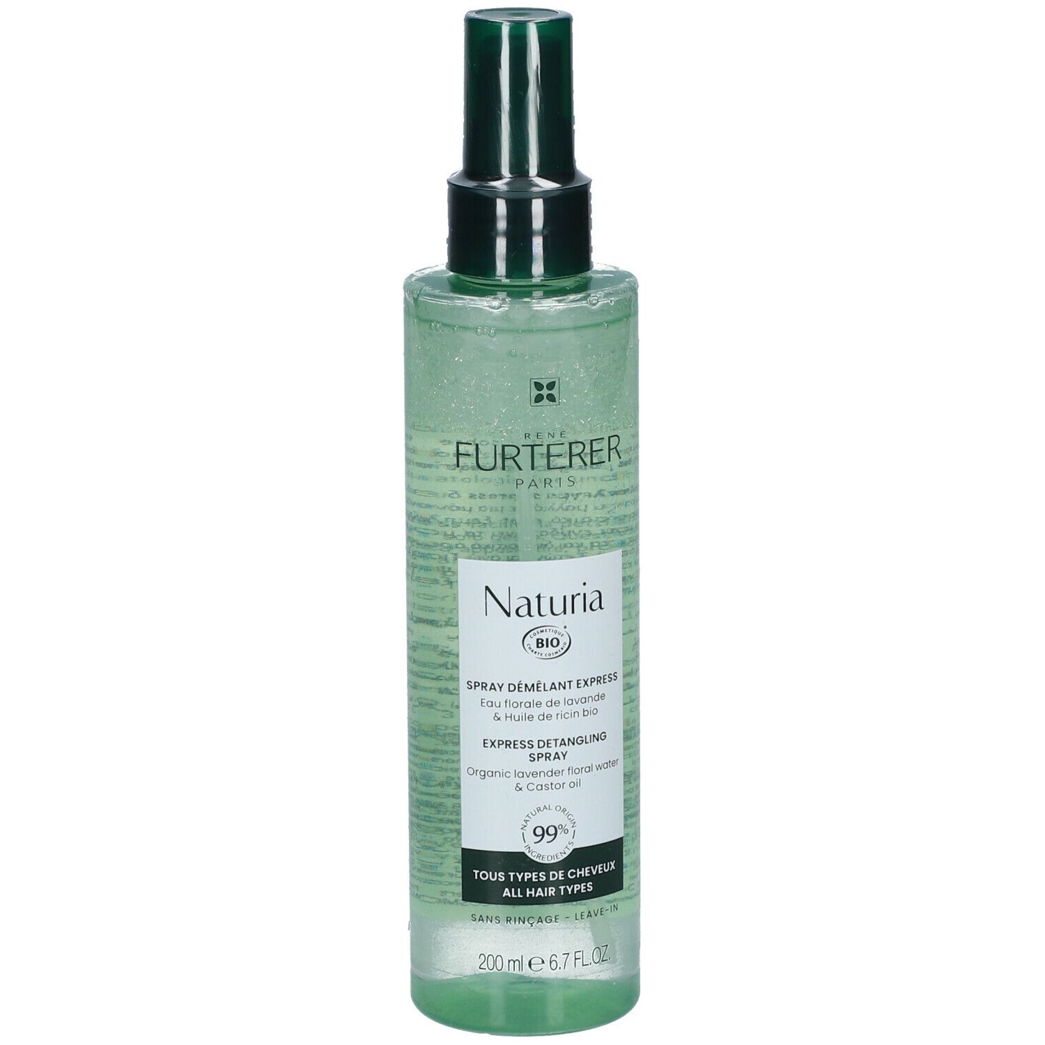 Flacon spray vert avec tête noire. Inscriptions: FURTERER PARIS, Naturia, Spray démêlant express, 200 ml.